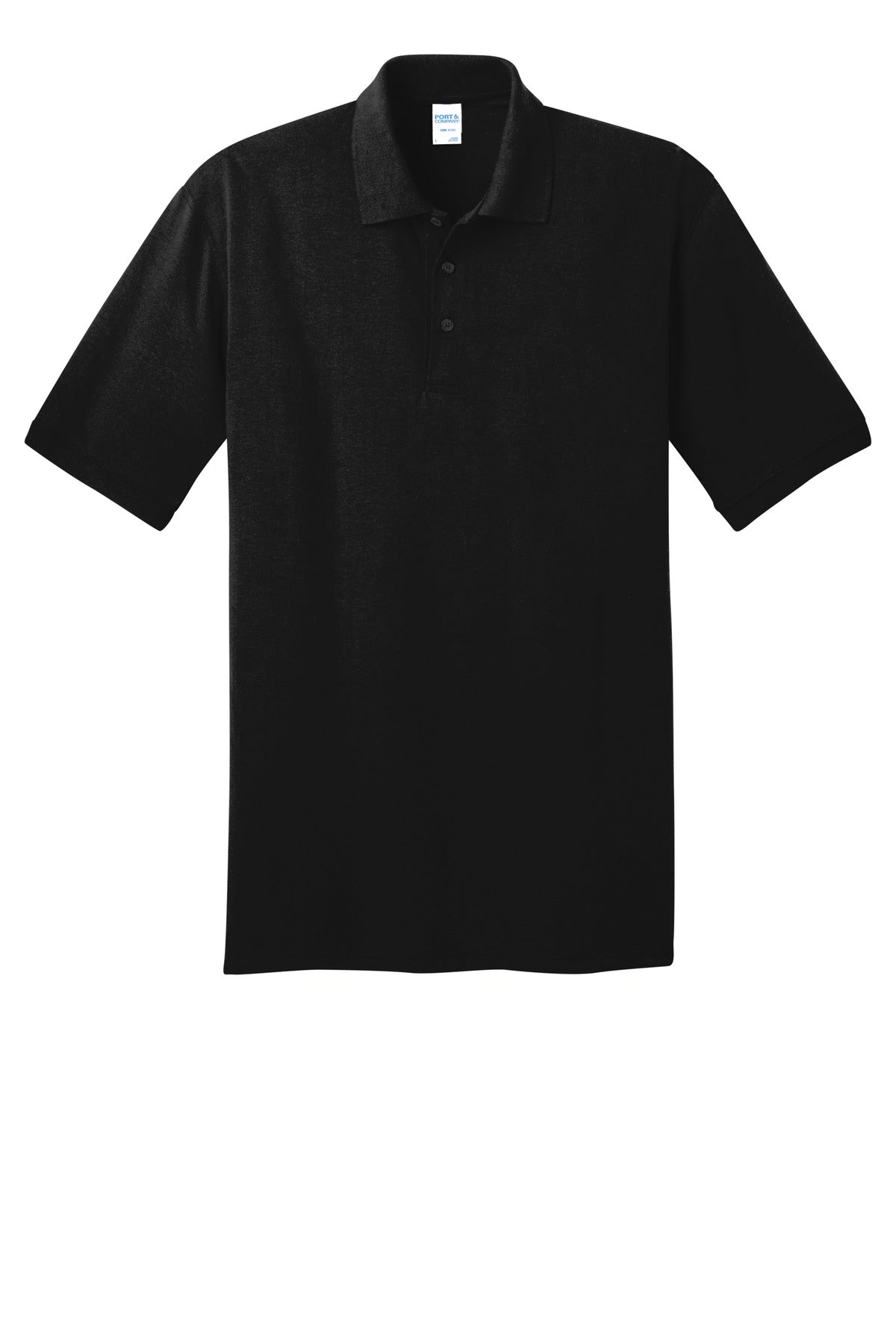 Port Company jet black polo t shirt 50/50 poly cotton blend tee with dyed to match buttons against a white background