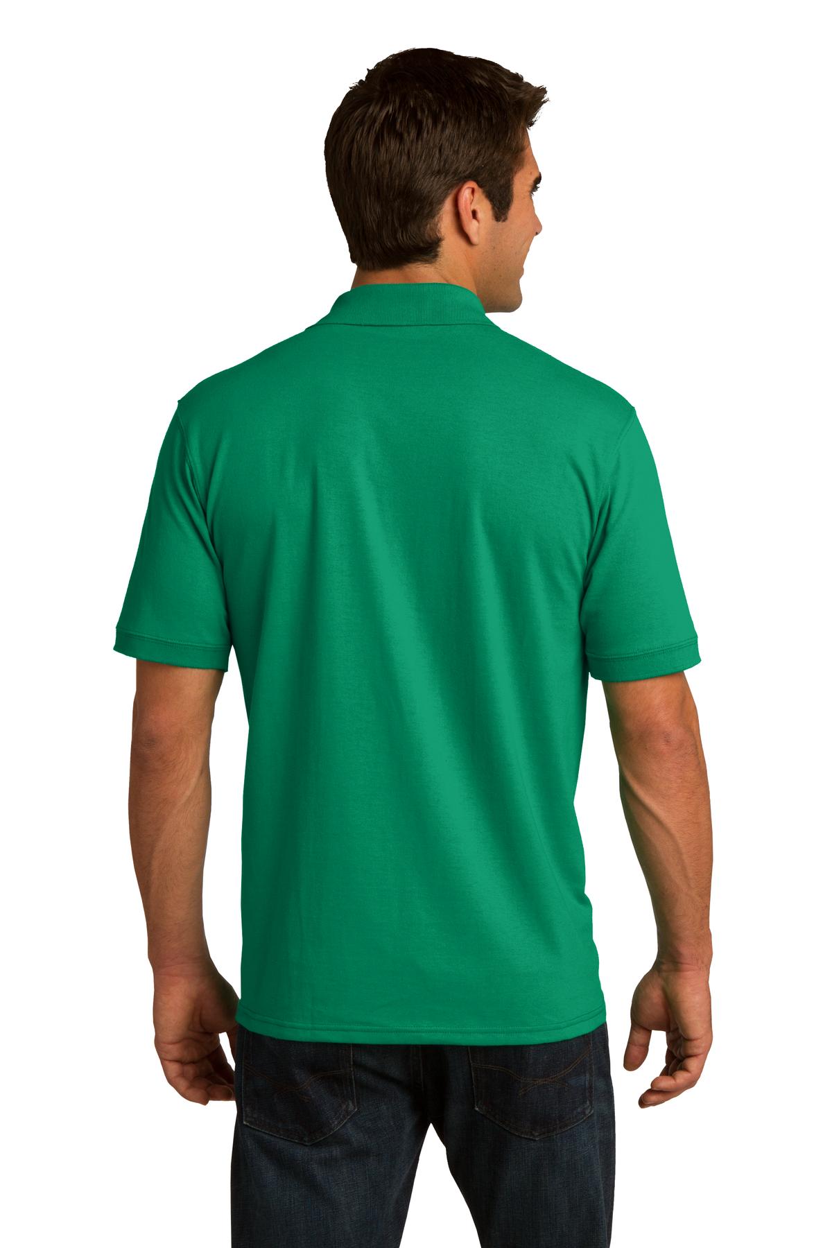 tall male model 6,4 wearing a kelly green medium port company polo t shirt with dyed to match buttons showing the back of the shirt against a white background