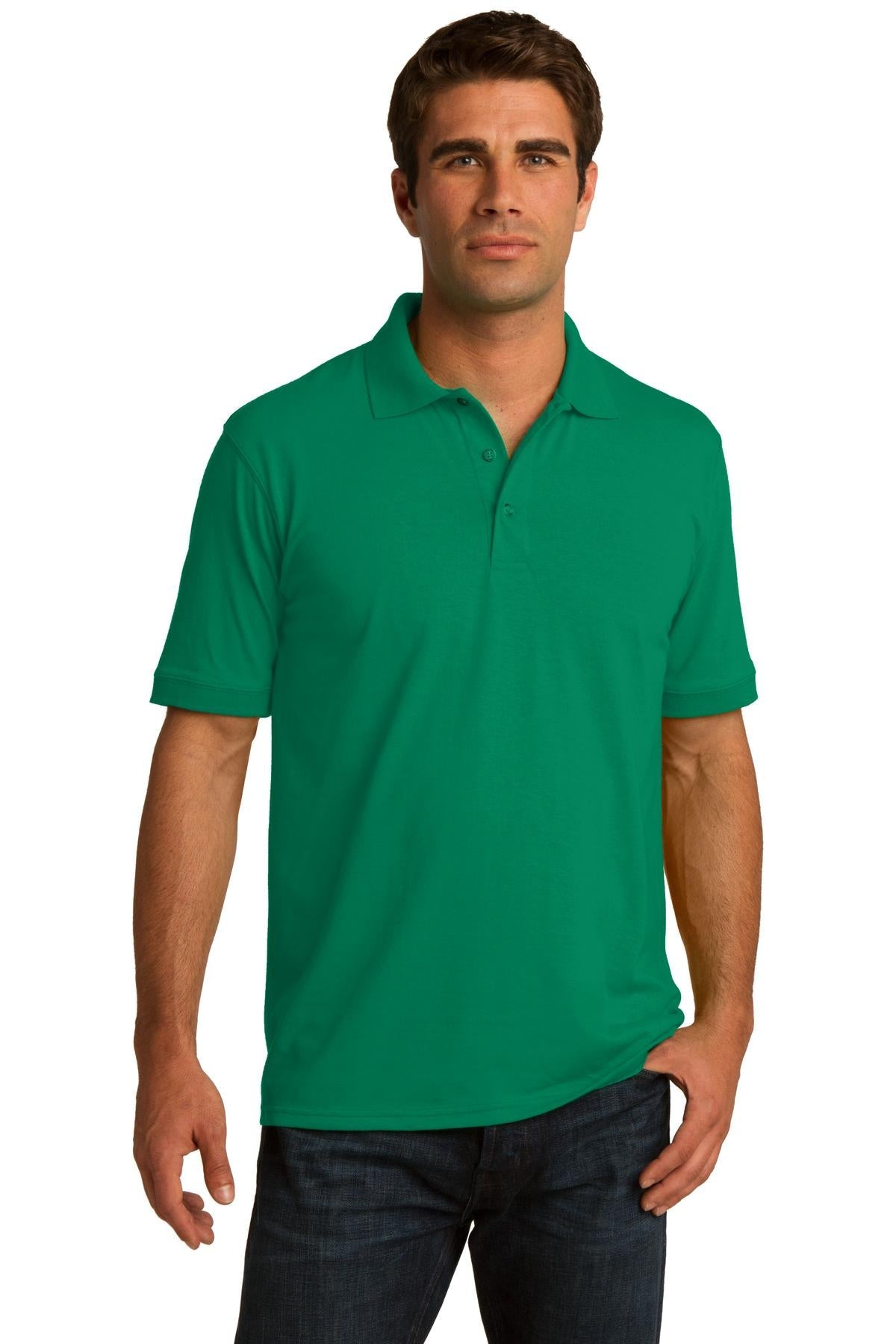 tall male model 6,4 wearing a kelly green medium port company polo t shirt with dyed to match buttons against a white background
