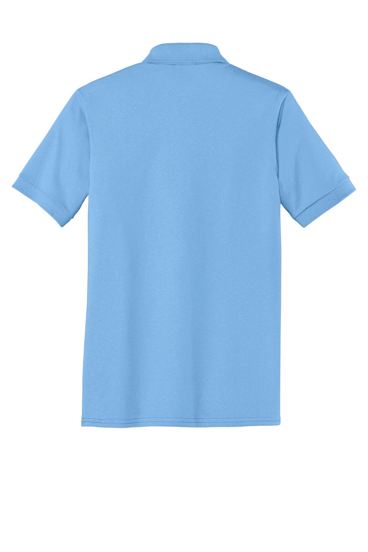 Port Company light blue polo t shirt 50/50 poly cotton blend tee with dyed to match buttons showing the back of the shirt against a white background