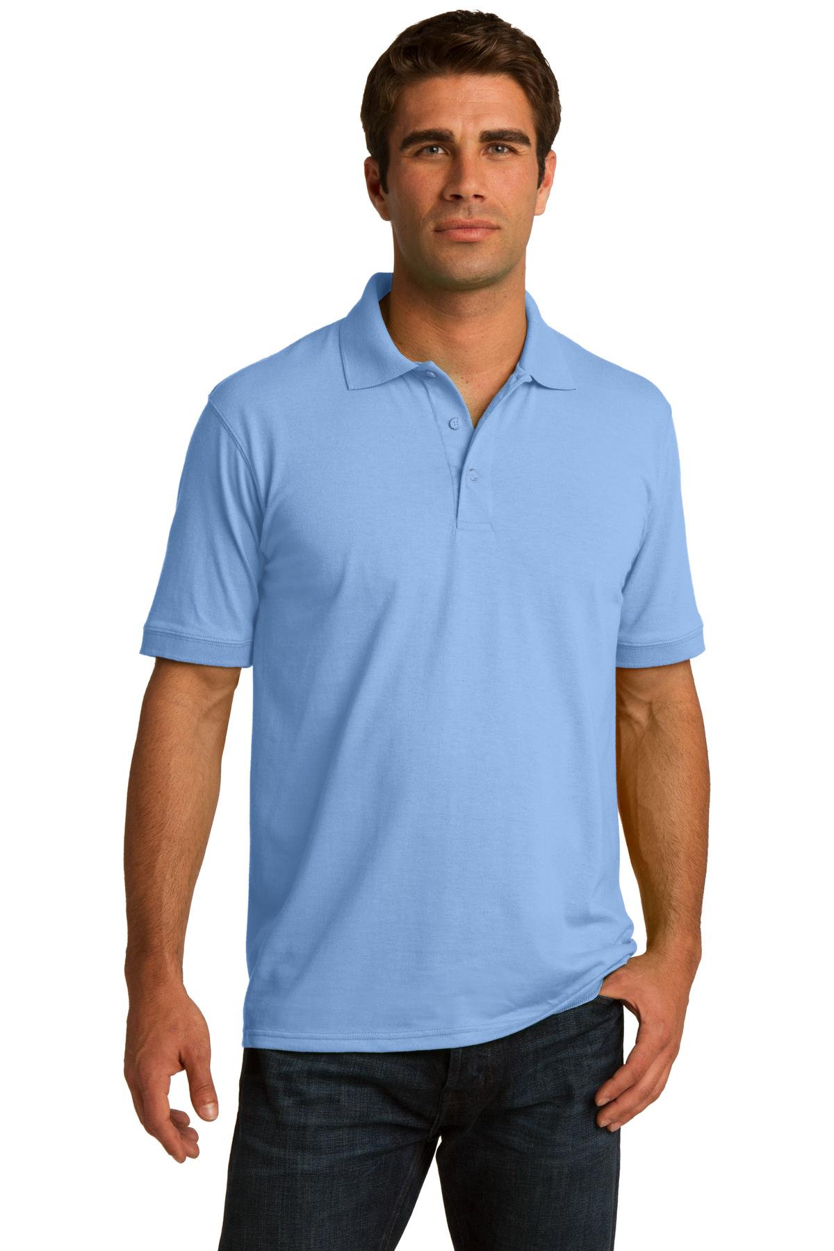 tall male model 6,4 wearing a light blue medium port company polo t shirt with dyed to match buttons against a white background