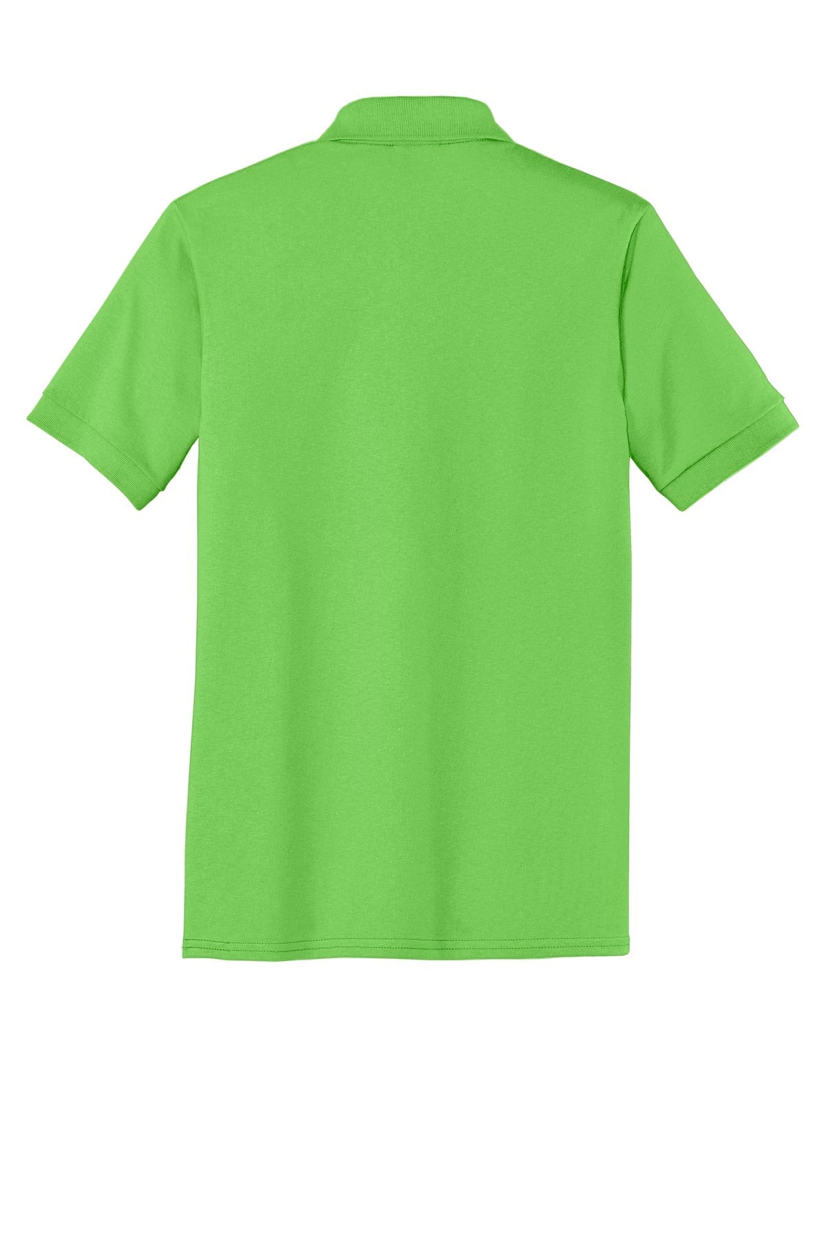 Port Company lime green polo t shirt 50/50 poly cotton blend tee with dyed to match buttons showing the back of the shirt against a white background