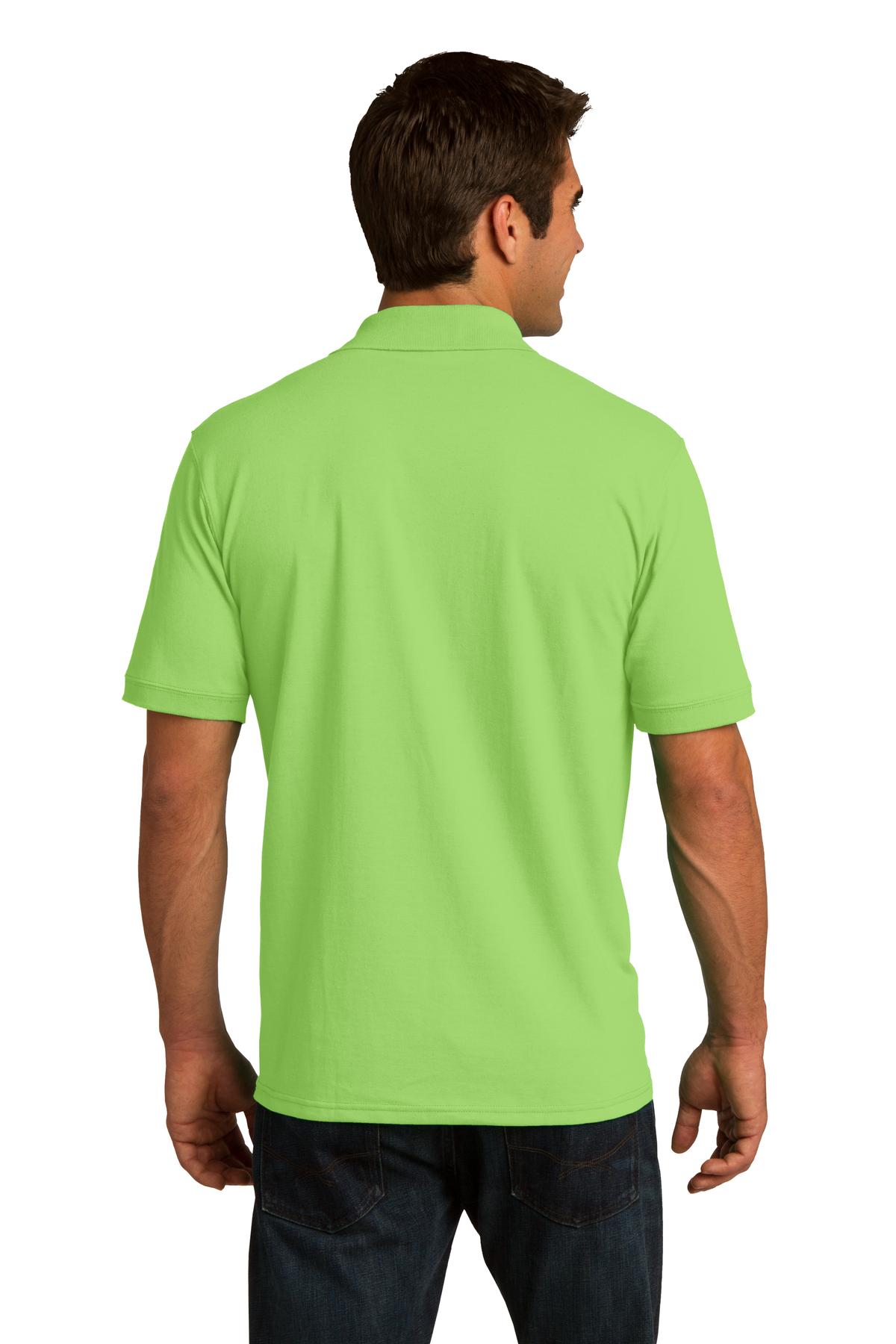 tall male model 6,4 wearing a lime green medium port company polo t shirt with dyed to match buttons showing the back of the shirt against a white background
