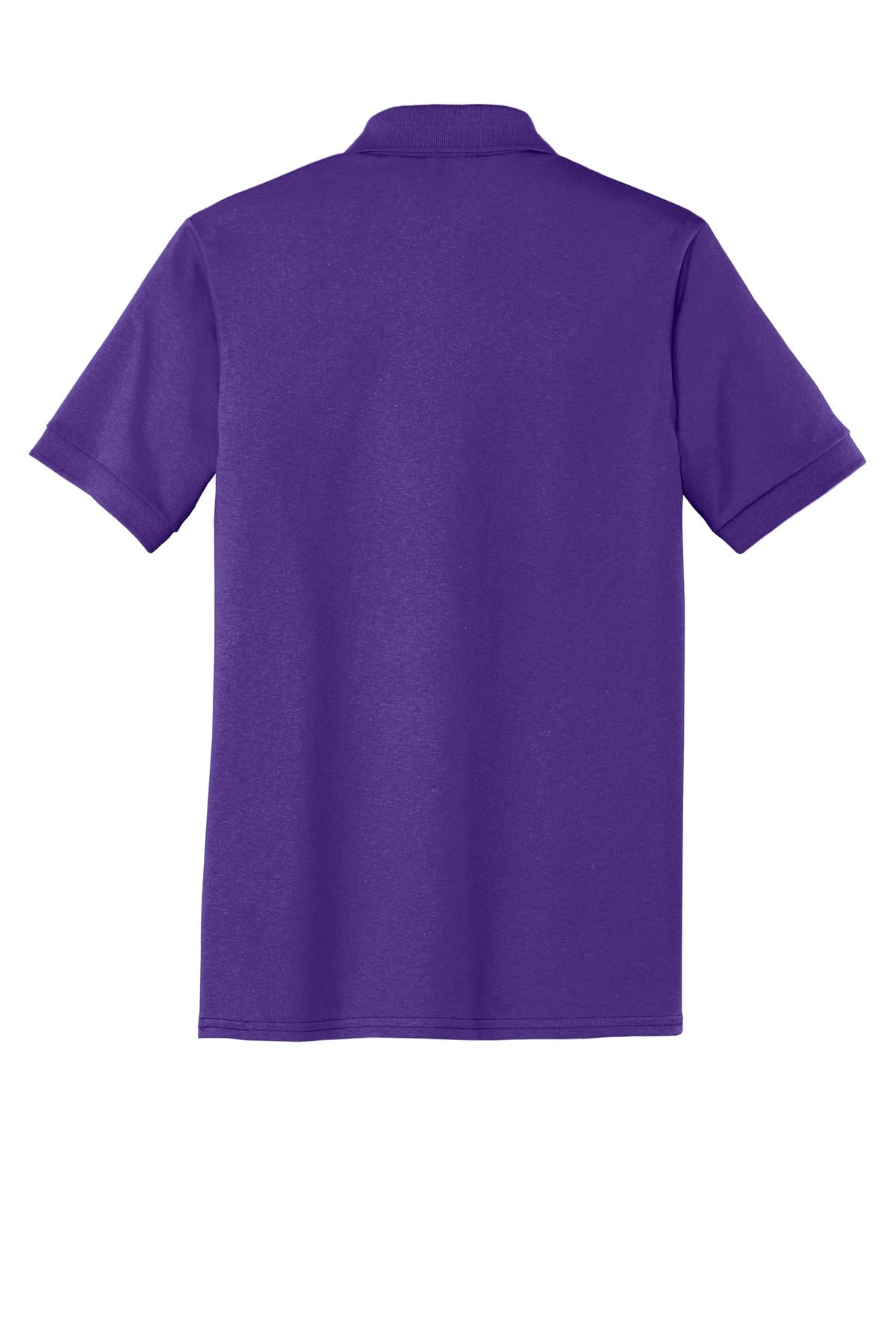 Port Company purple polo t shirt 50/50 poly cotton blend tee with dyed to match buttons showing the back of the shirt against a white background