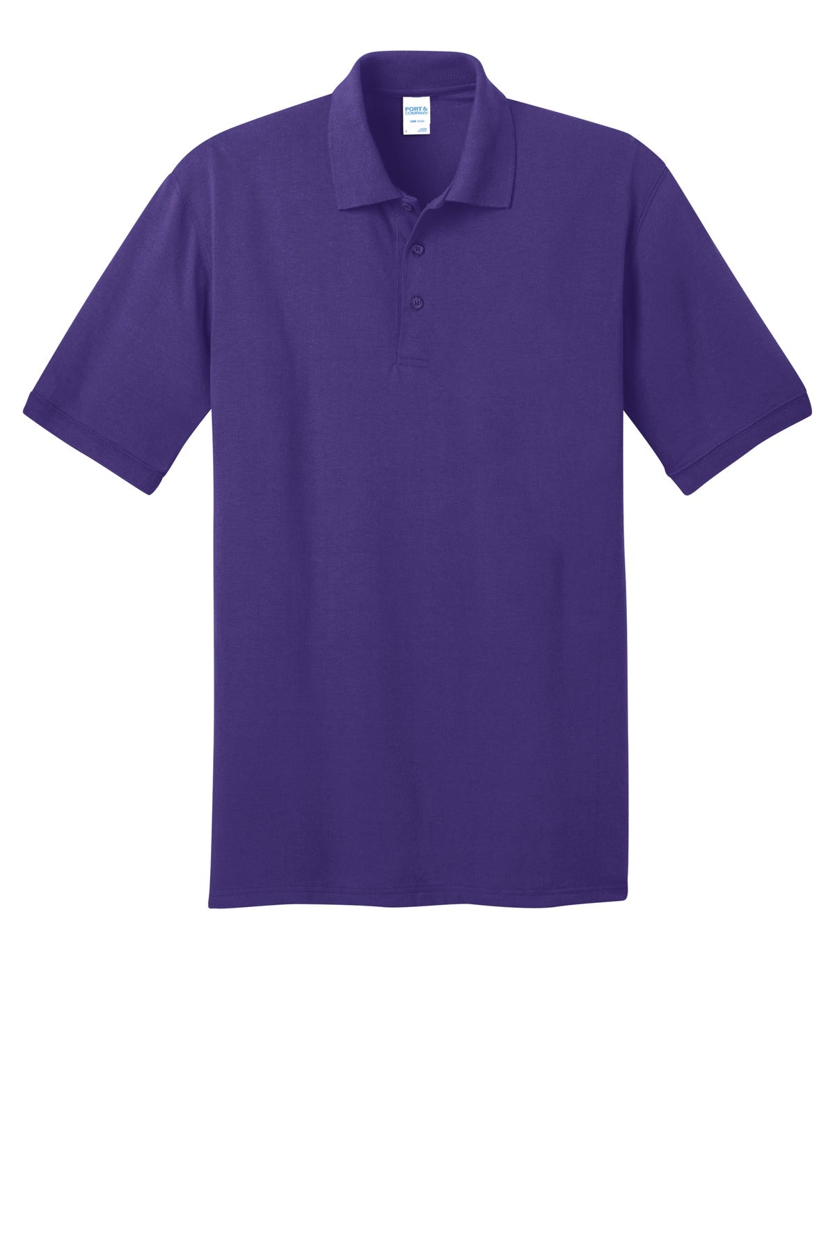 Port Company purple polo t shirt 50/50 poly cotton blend tee with dyed to match buttons against a white background