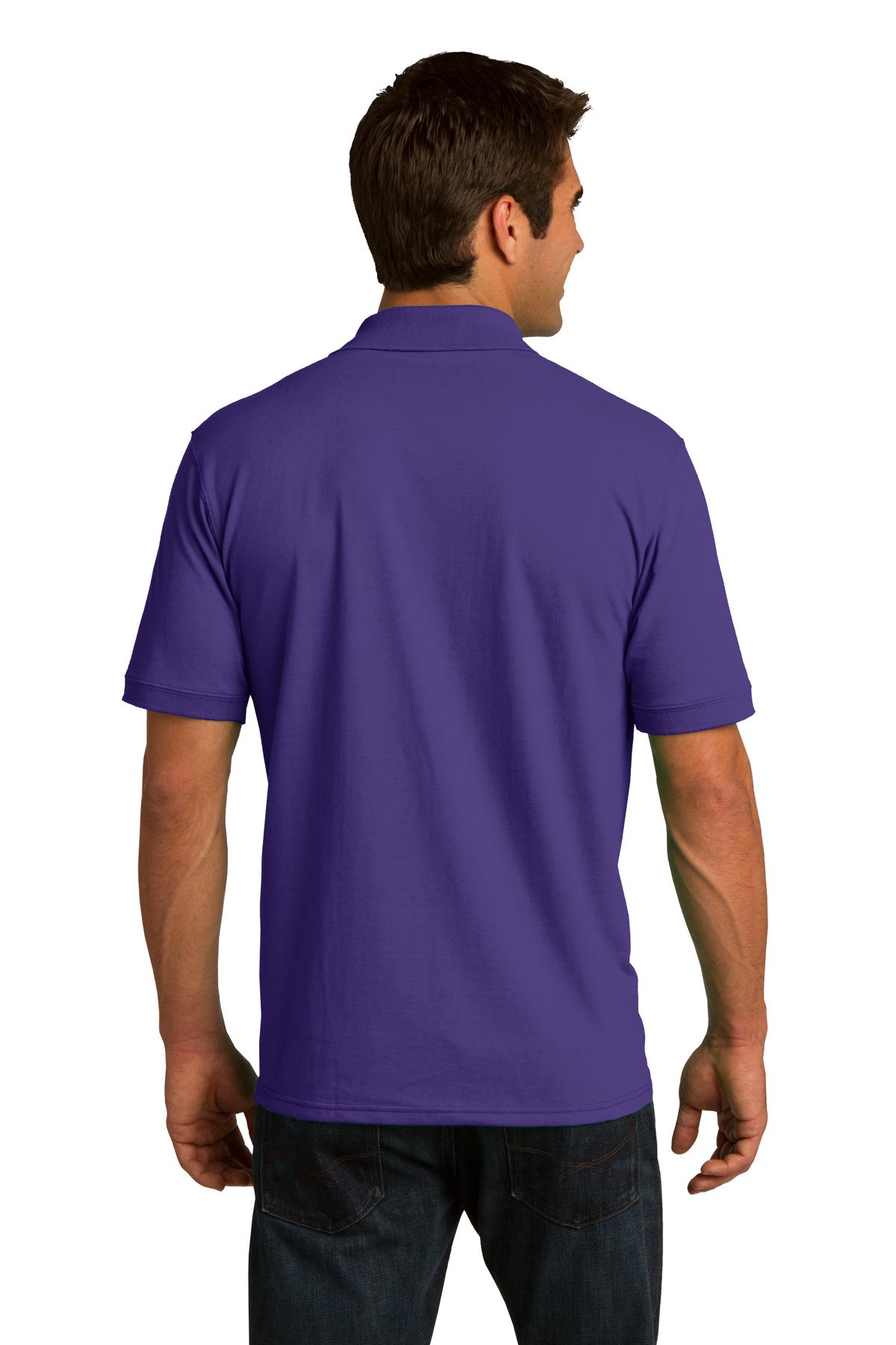 tall male model 6,4 wearing a purple medium port company polo t shirt with dyed to match buttons showing the back of the shirt against a white background