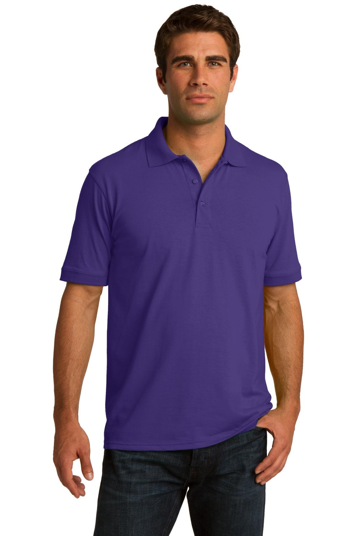 tall male model 6,4 wearing a purple medium port company polo t shirt with dyed to match buttons against a white background