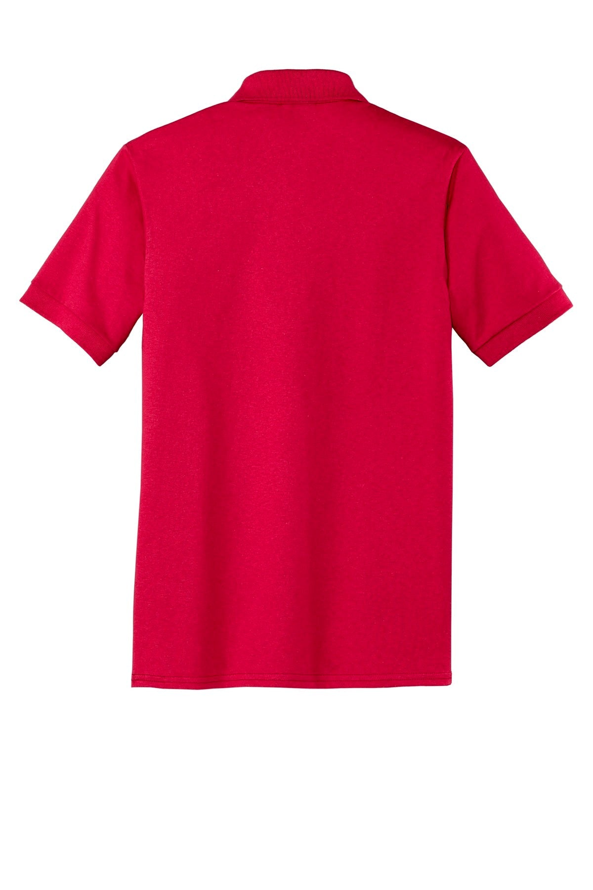 Port Company red polo t shirt 50/50 poly cotton blend tee with dyed to match buttons showing the back of the shirt against a white background