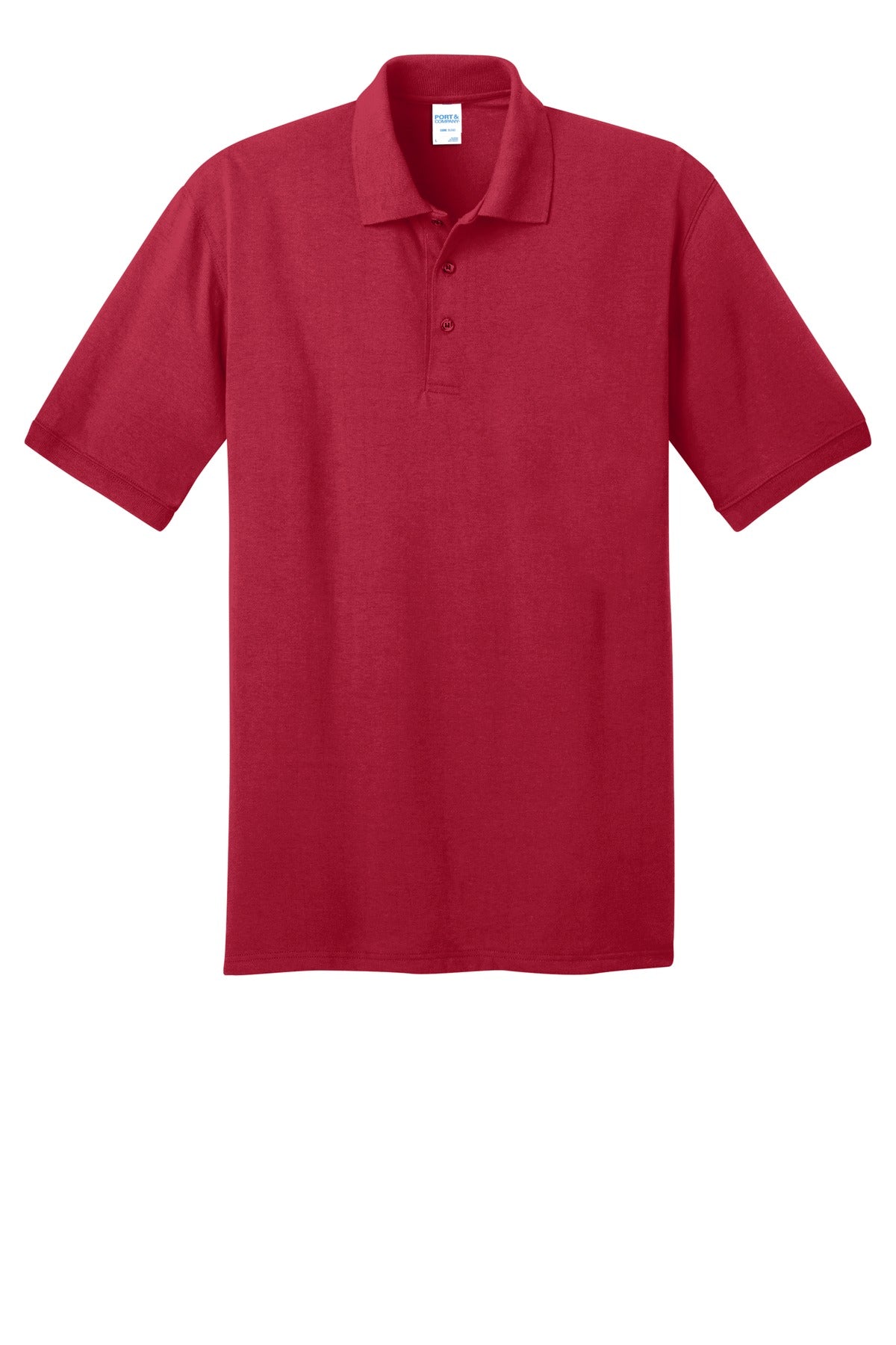 Port Company red polo t shirt 50/50 poly cotton blend tee with dyed to match buttons against a white background