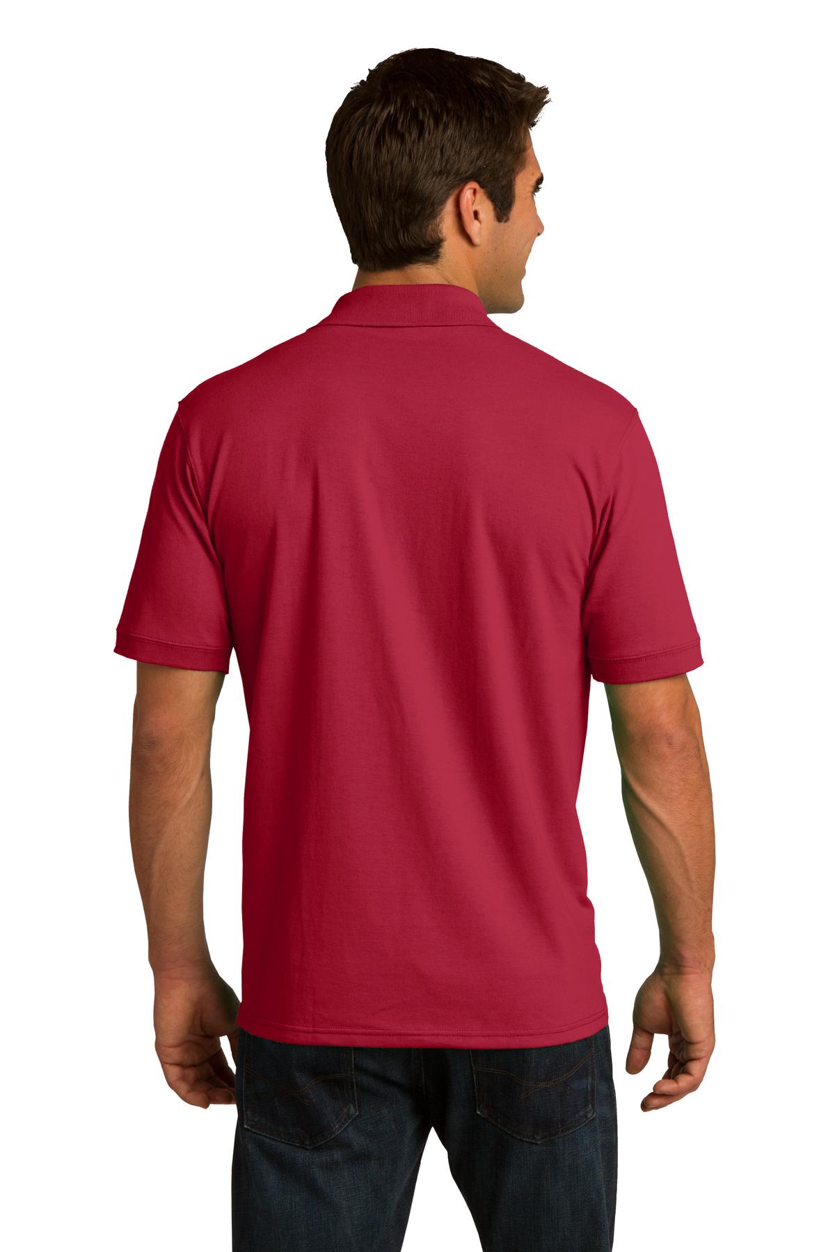 tall male model 6,4 wearing a red medium port company polo t shirt with dyed to match buttons showing the back of the shirt against a white background