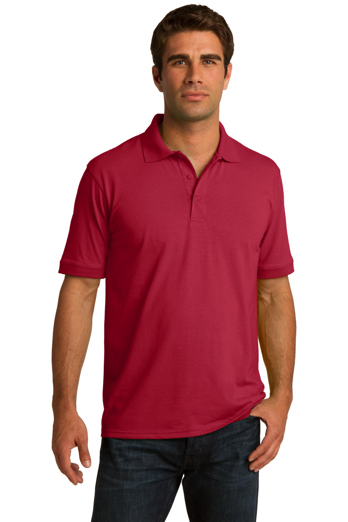 tall male model 6,4 wearing a red medium port company polo t shirt with dyed to match buttons against a white background