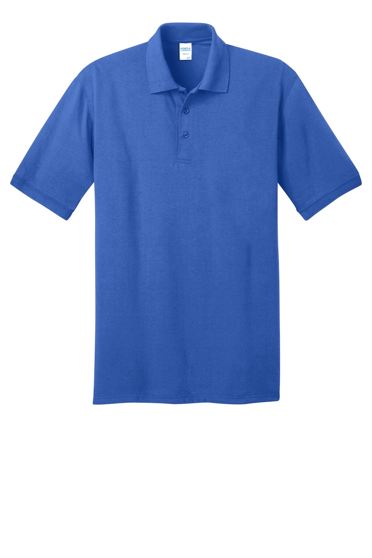 Port Company royal polo t shirt 50/50 poly cotton blend tee with dyed to match buttons against a white background