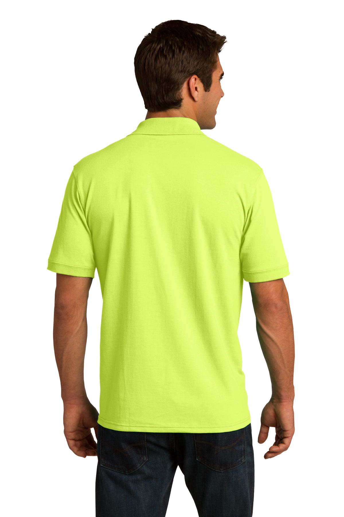tall male model 6,4 wearing a safety green medium port company polo t shirt with dyed to match buttons showing the back of the shirt against a white background