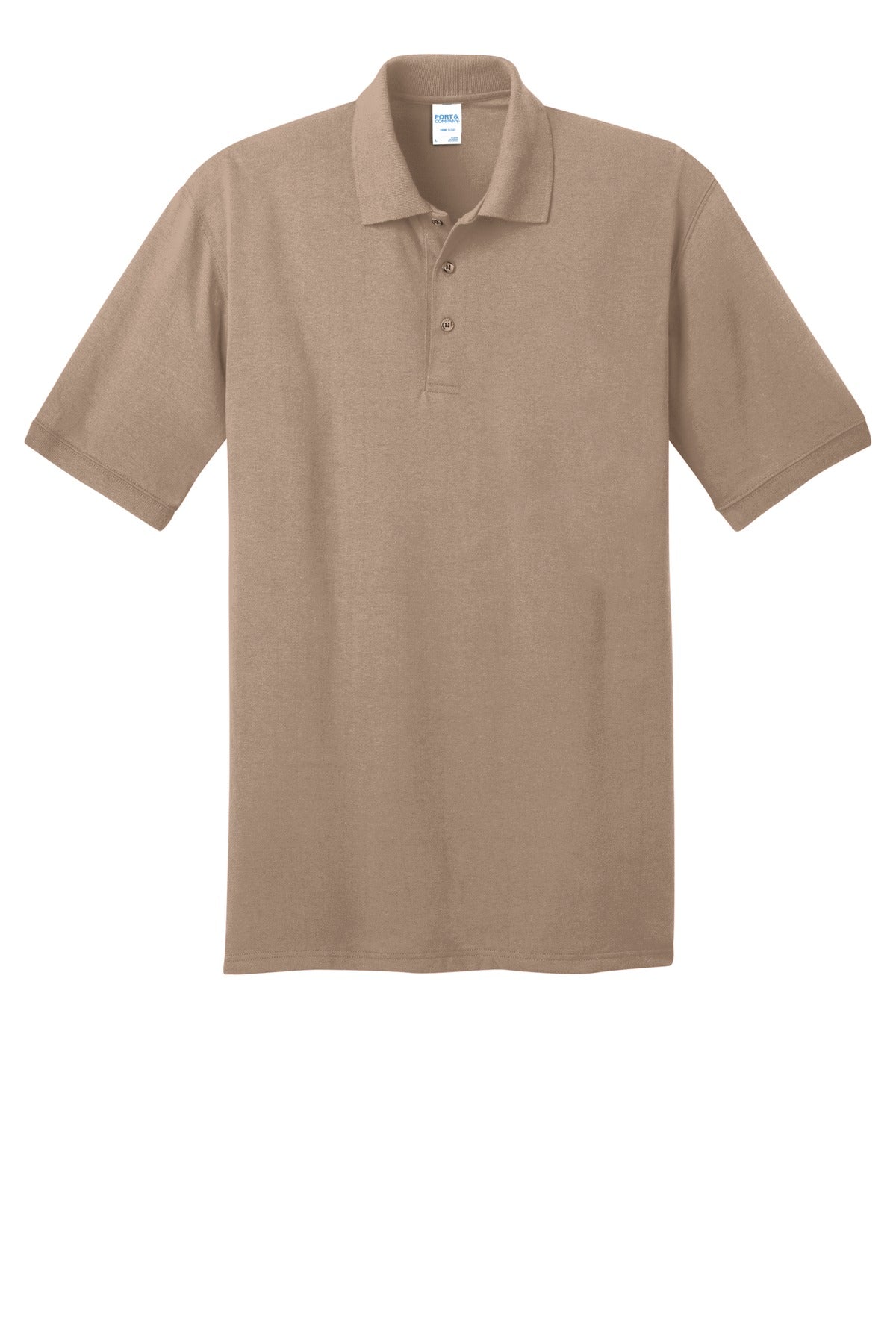 Port Company sand polo t shirt 50/50 poly cotton blend tee with dyed to match buttons against a white background