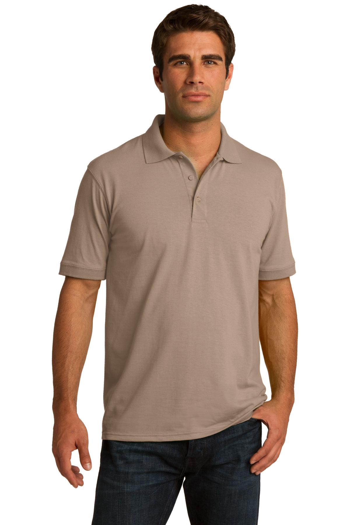 tall male model 6,4 wearing a sand medium port company polo t shirt with dyed to match buttons against a white background