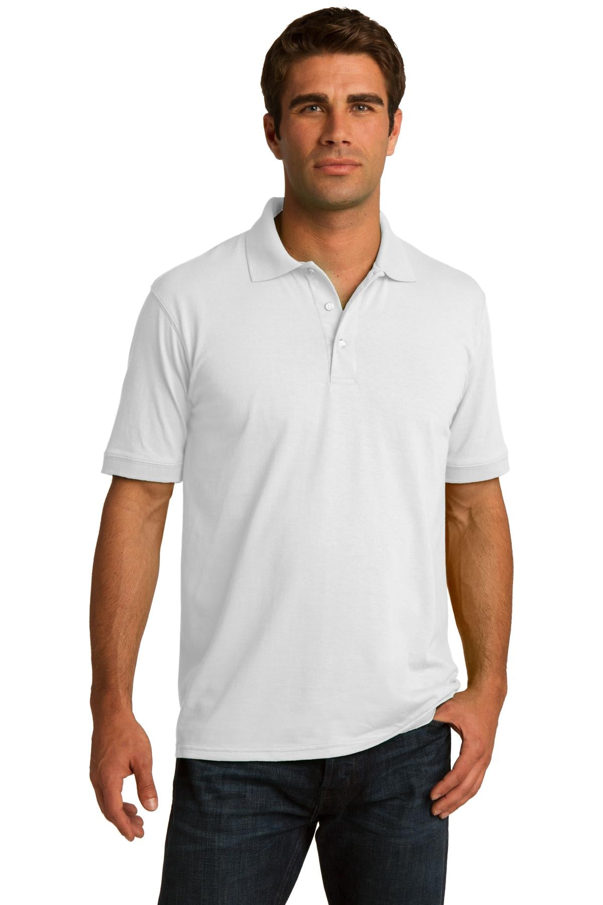 tall male model 6,4 wearing a white medium port company polo t shirt with dyed to match buttons against a white background