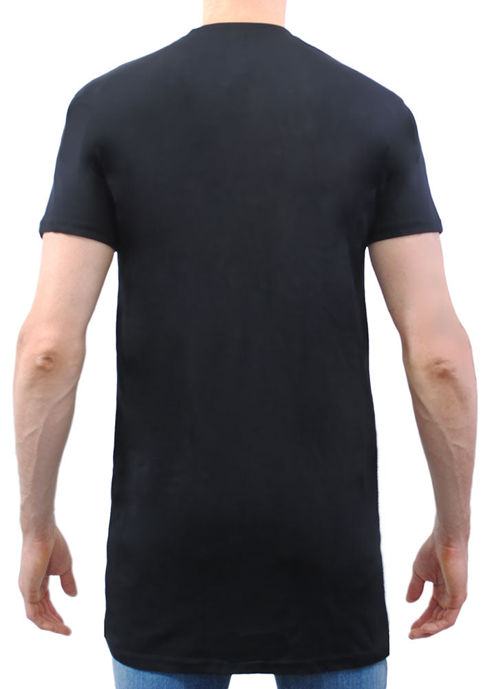 Tall male model 6,6 wearing a large asphalt Have It Tall extra long soft blend t shirt showing the back of the shirt against a white background