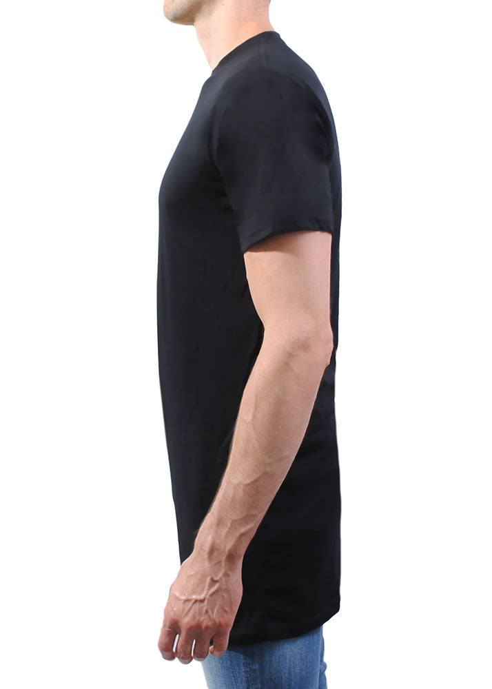 Tall male model 6,6 wearing a large asphalt Have It Tall extra long soft blend t shirt side profile against a white background