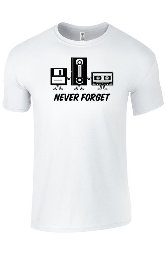 white Tee shirt with text that reads "Never forget" on it and a graphic of video tapes on it against a white background.