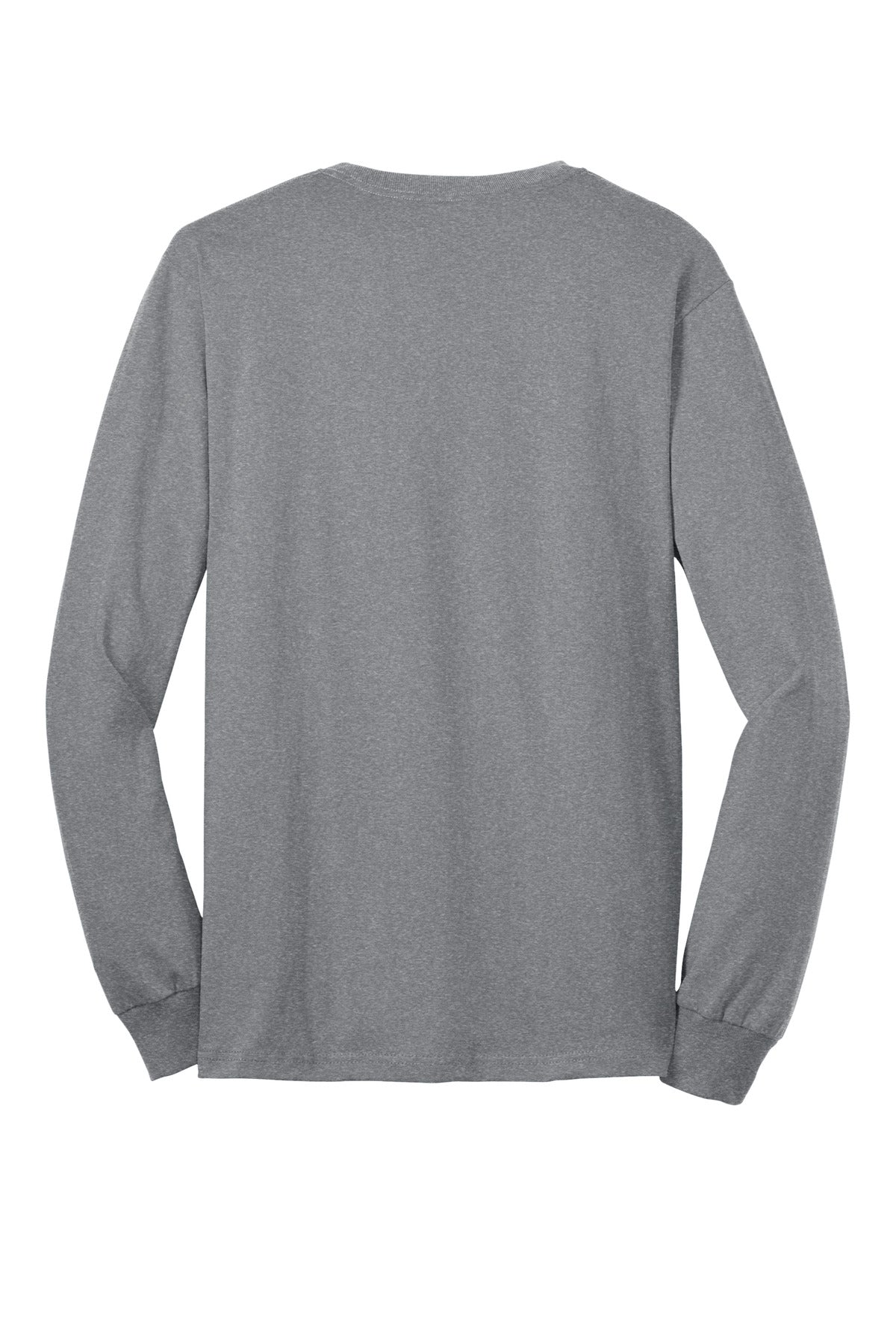 Port Company athletic heather long sleeve T shirt comfortable soft and durable tee showing the back of the shirt against a white background