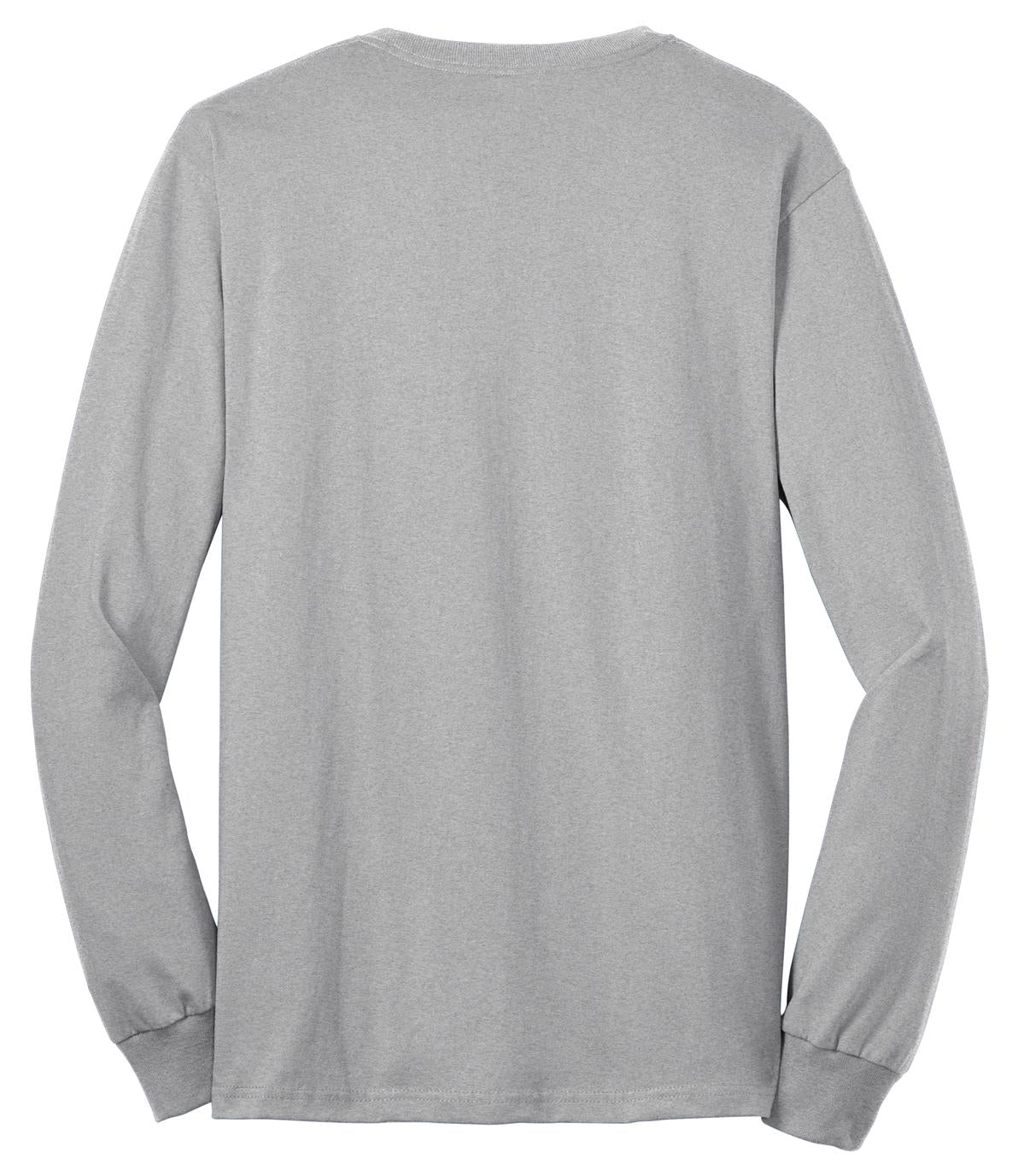 Port Company ash long sleeve T shirt comfortable soft and durable tee showing the back of the shirt against a white background