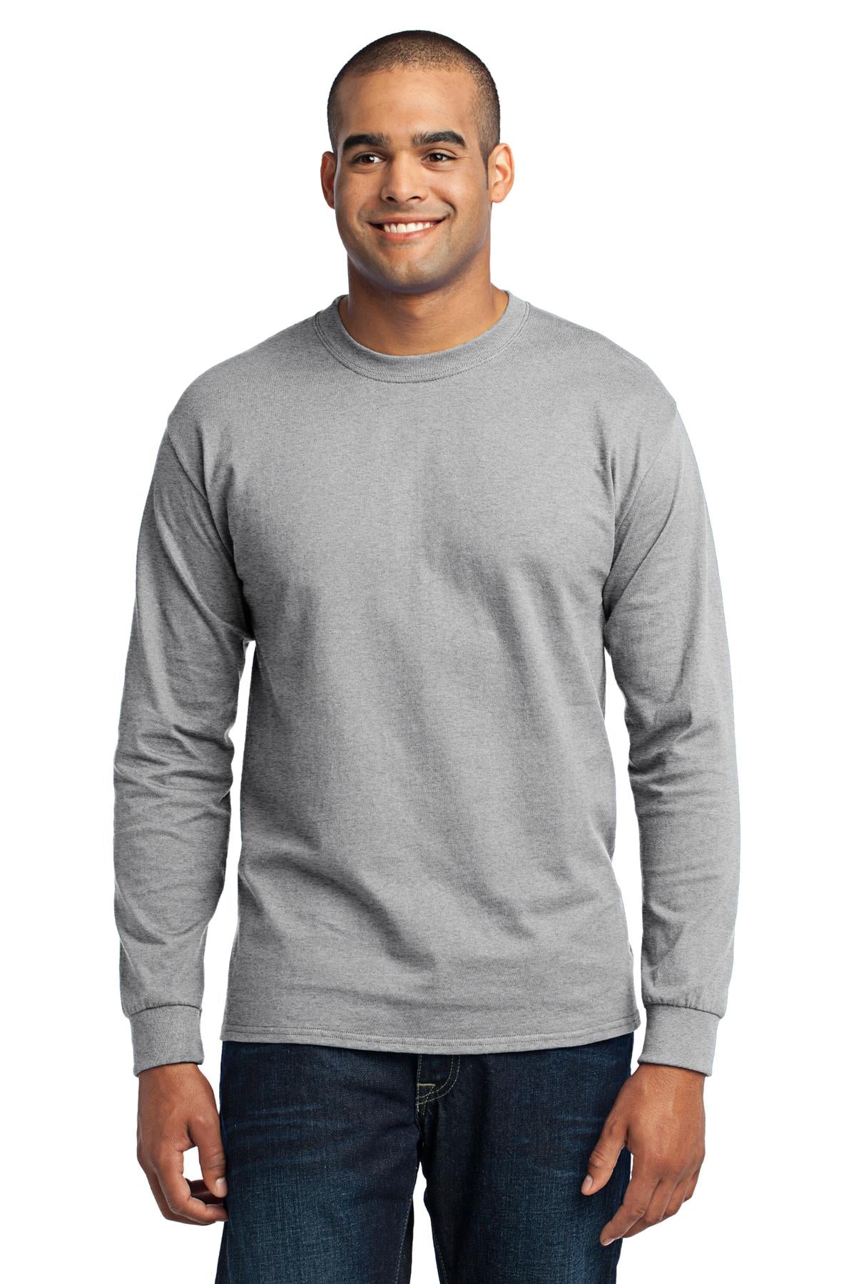 Tall male model 6'5 wearing an ash port company long sleeve t shirt comfortable soft and durable Tee against a white background