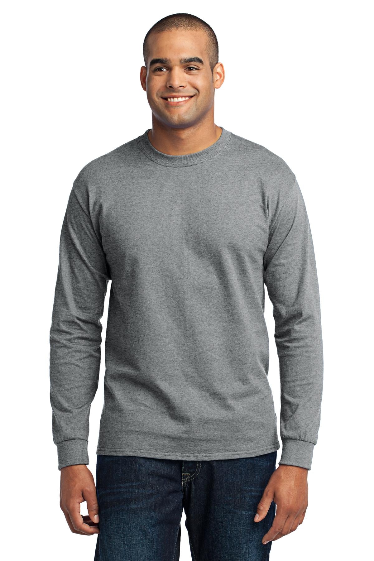 Tall male model 6'5 wearing an athletic heather port company long sleeve t shirt comfortable soft and durable Tee against a white background