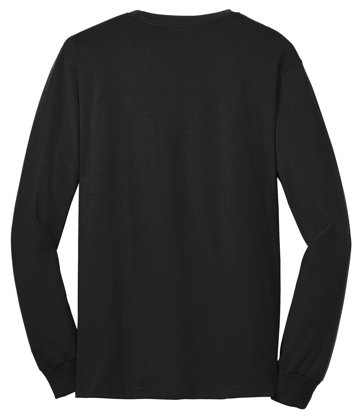 Port Company black long sleeve T shirt comfortable soft and durable tee showing the back of the shirt against a white background