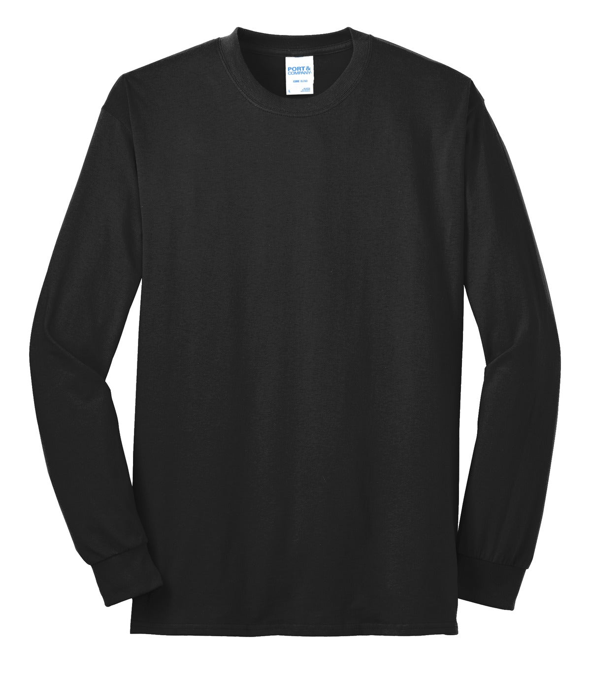 Port Company black long sleeve T shirt comfortable soft and durable tee against a white background
