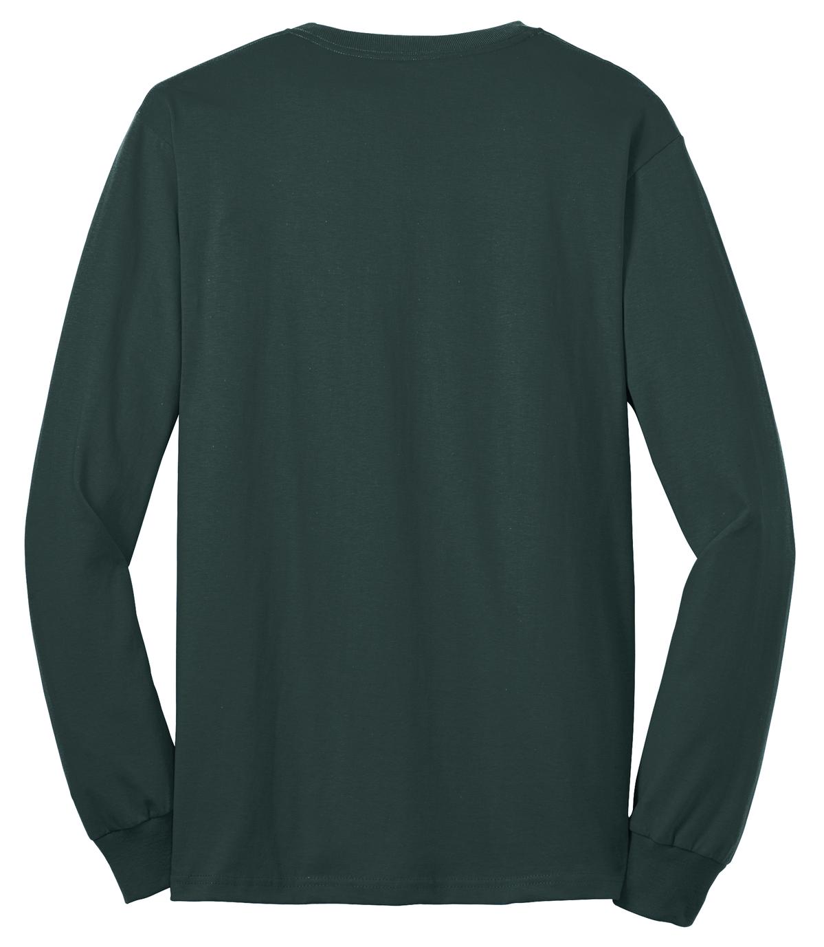 Port Company dark green long sleeve T shirt comfortable soft and durable tee showing the back of the shirt against a white background