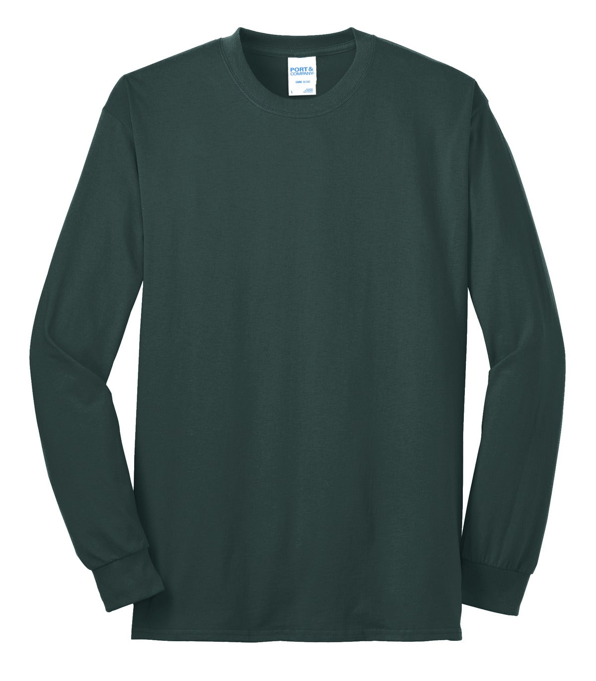 Port Company dark green long sleeve T shirt comfortable soft and durable tee against a white background