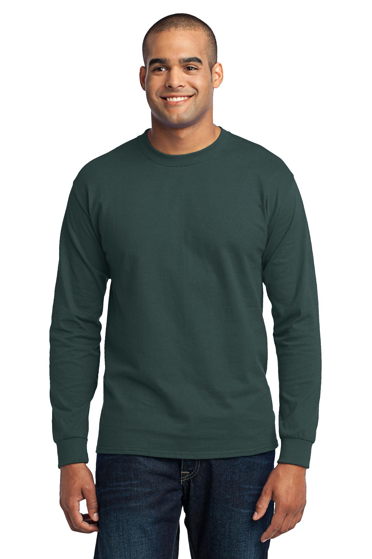 Tall male model 6'5 wearing a dark green port company long sleeve t shirt comfortable soft and durable Tee against a white background