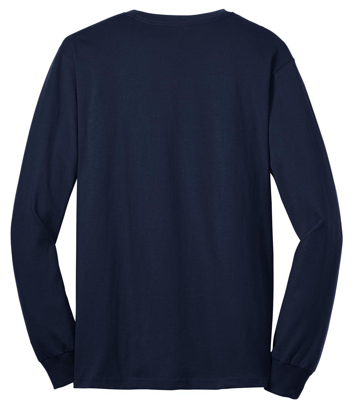 Port Company navy long sleeve T shirt comfortable soft and durable tee showing the back of the shirt against a white background