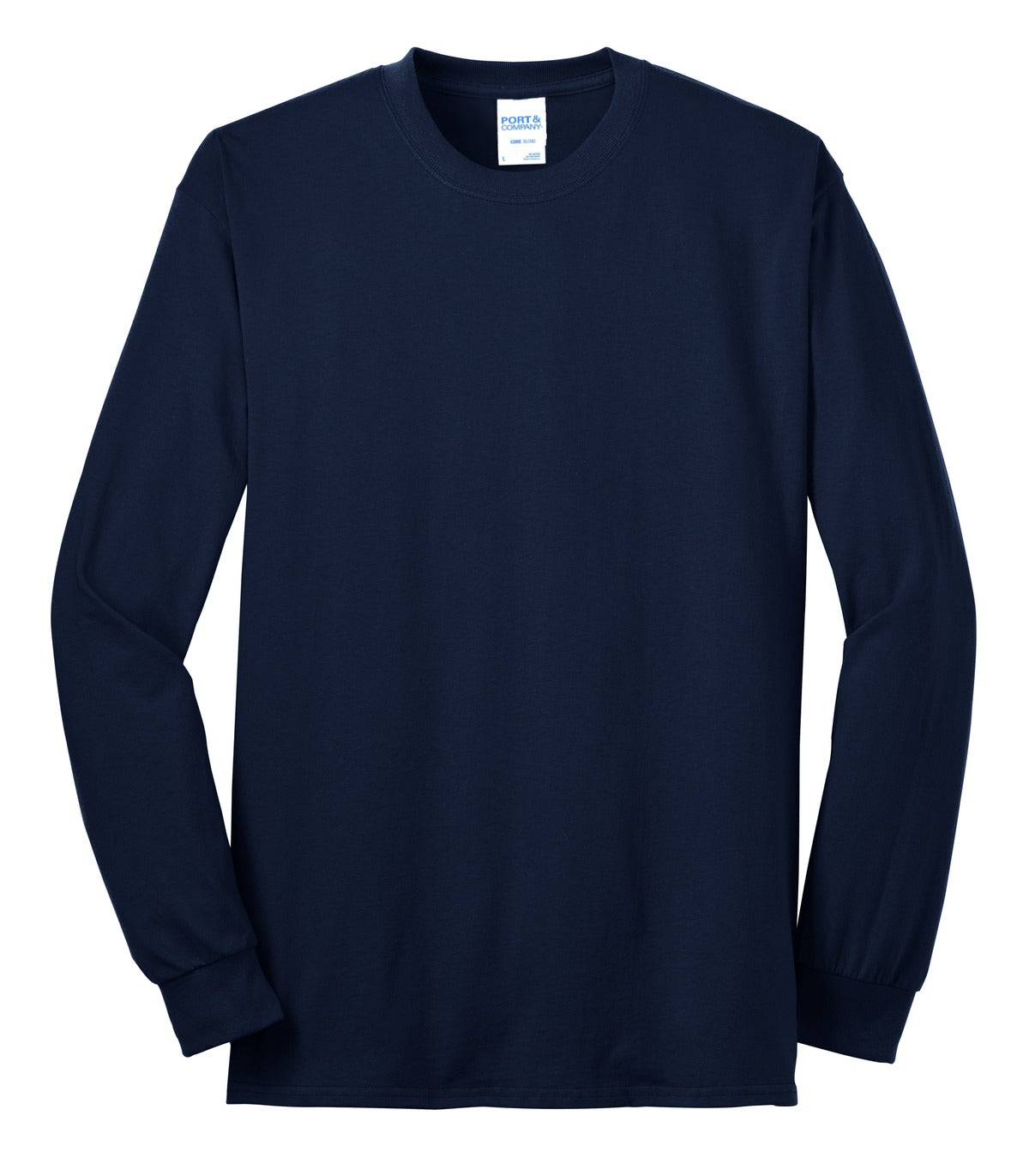 Port Company navy long sleeve T shirt comfortable soft and durable tee against a white background