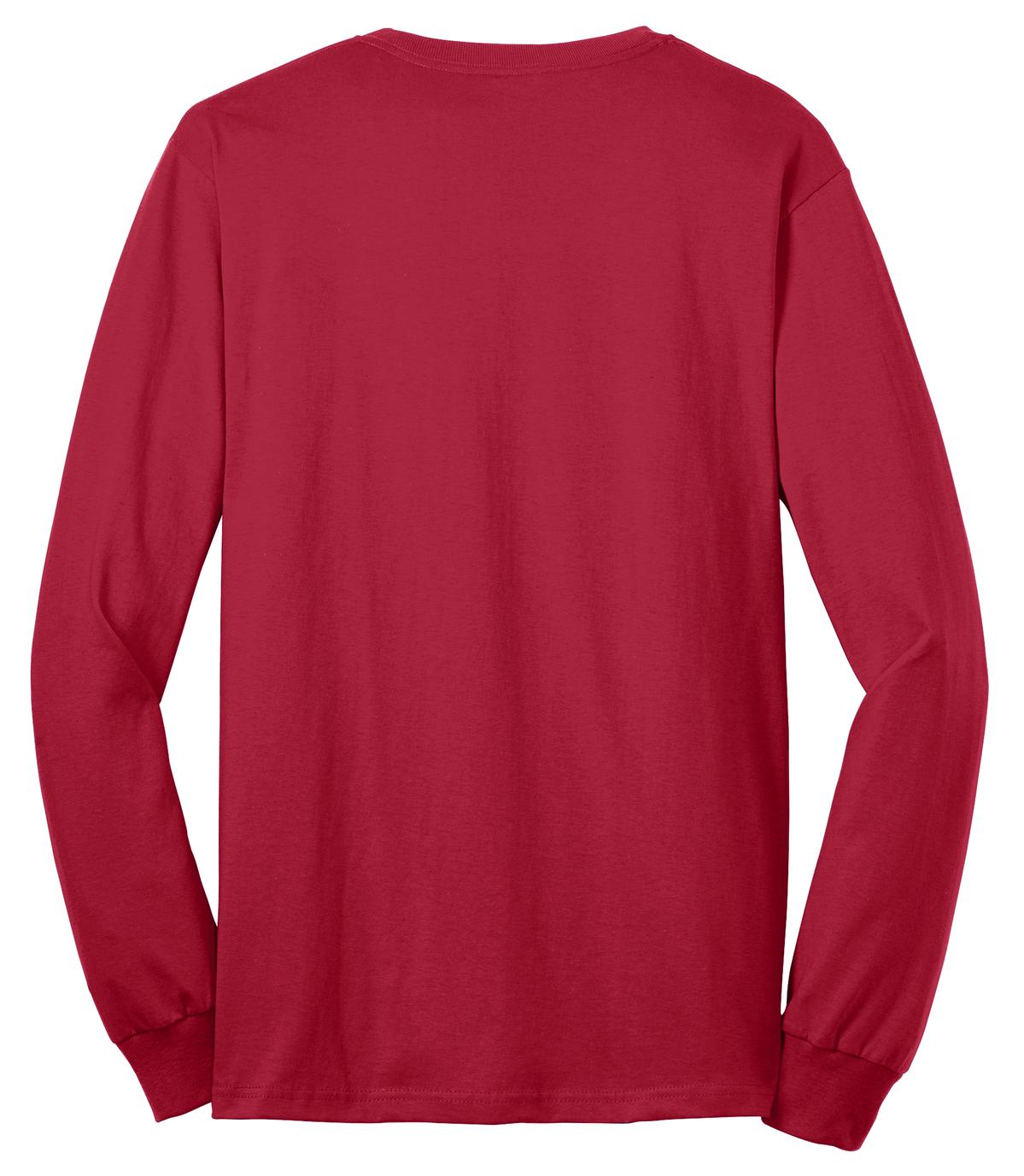 Port Company red long sleeve T shirt comfortable soft and durable tee showing the back of the shirt against a white background