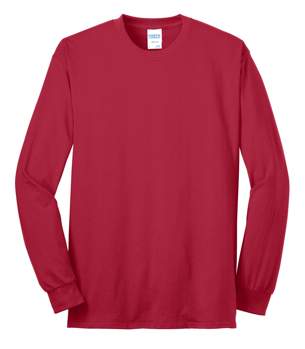 Port Company red long sleeve T shirt comfortable soft and durable tee against a white background