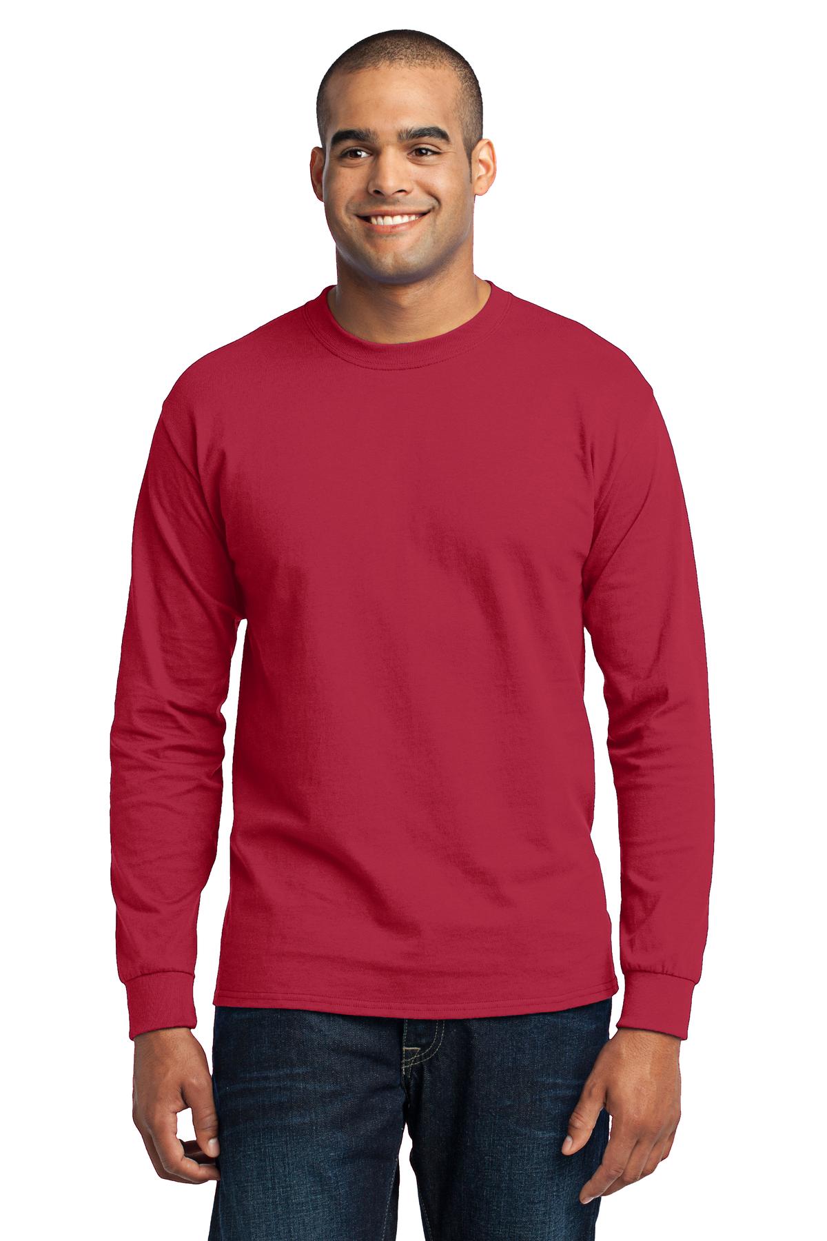 Tall male model 6'5 wearing a red port company long sleeve t shirt comfortable soft and durable Tee against a white background