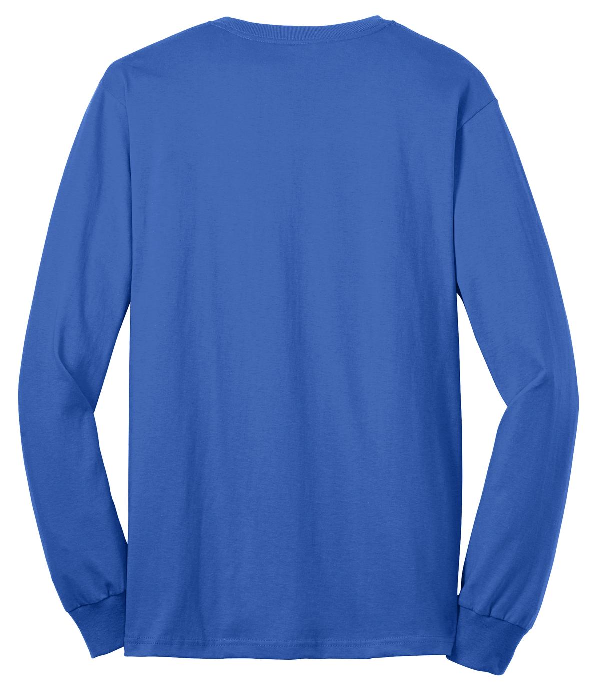 Port Company royal long sleeve T shirt comfortable soft and durable tee showing the back of the shirt against a white background