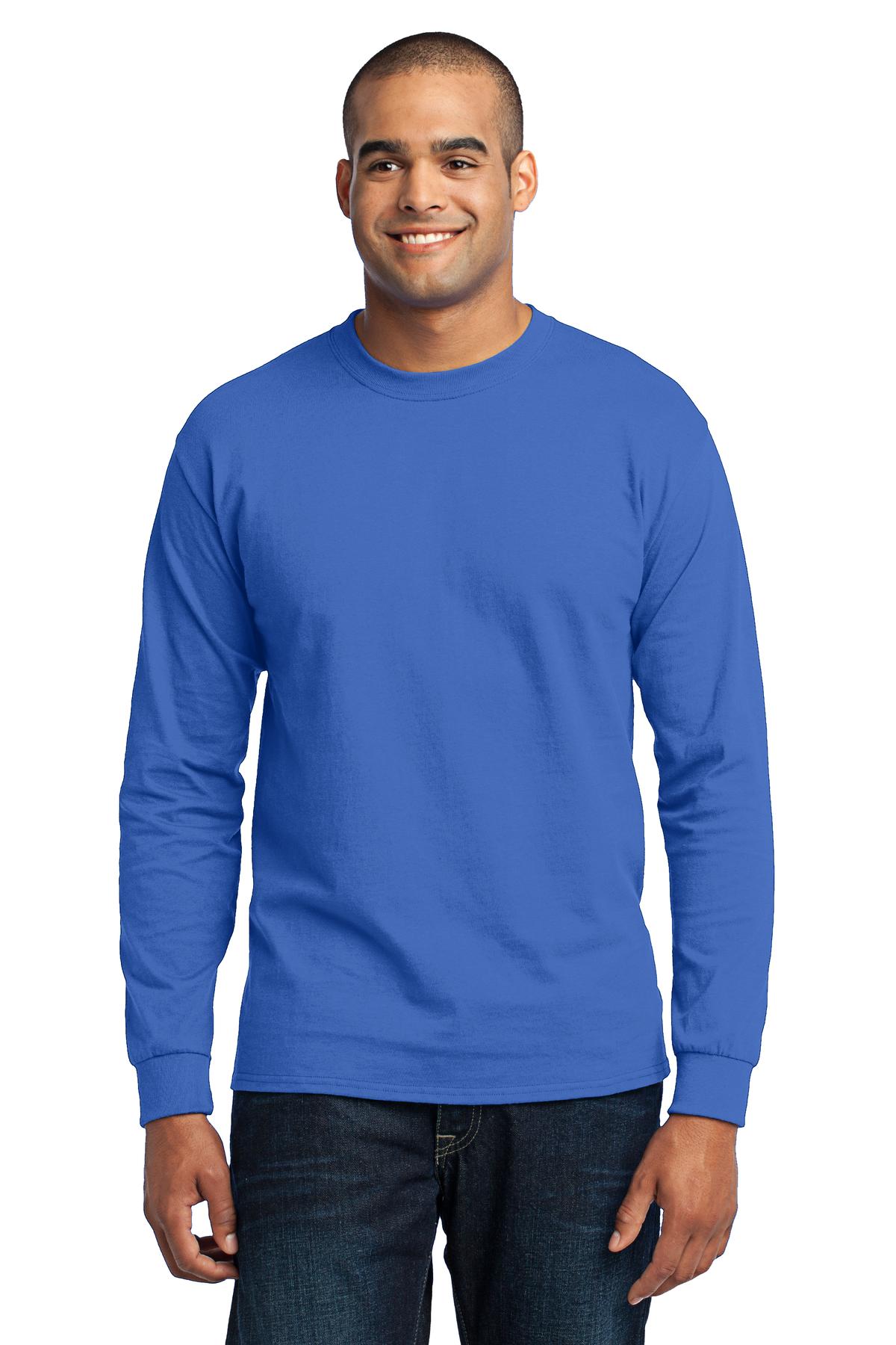 Tall male model 6'5 wearing a royal port company long sleeve t shirt comfortable soft and durable Tee against a white background