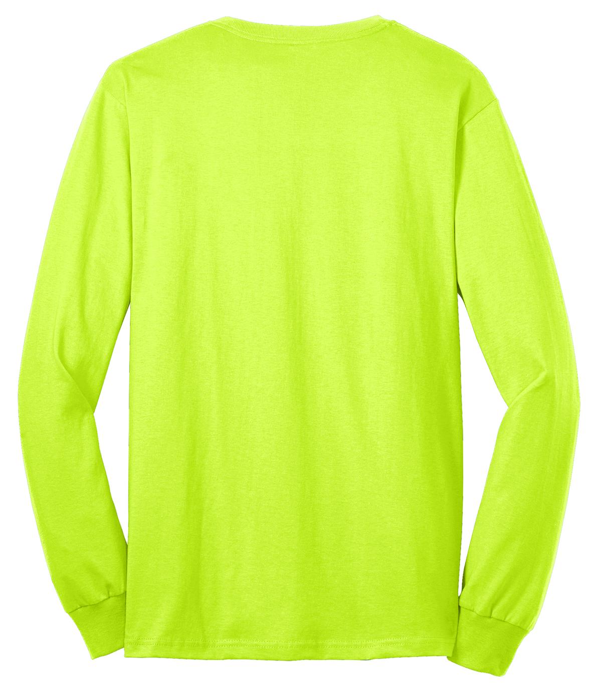 Port Company safety green long sleeve T shirt comfortable soft and durable tee showing the back of the shirt against a white background