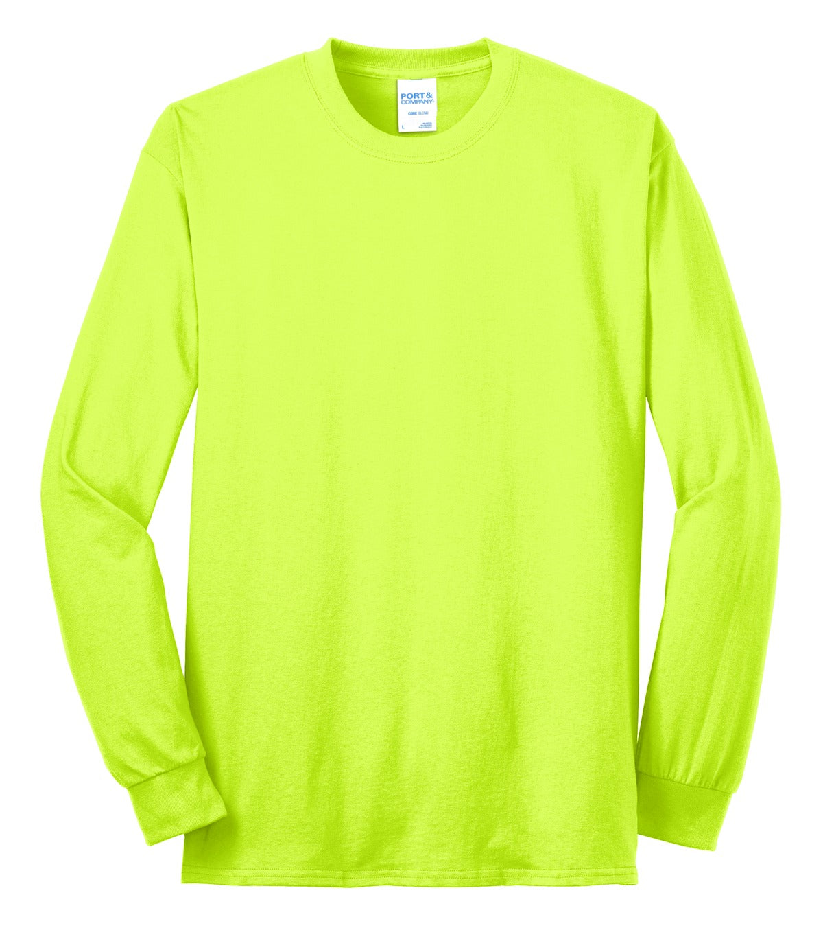 Port Company safety green long sleeve T shirt comfortable soft and durable tee against a white background