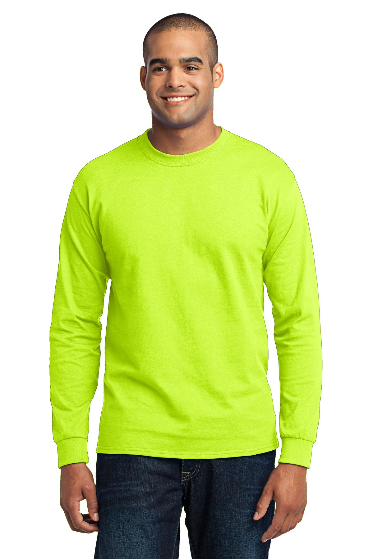 Tall male model 6'5 wearing a safety green port company long sleeve t shirt comfortable soft and durable Tee against a white background