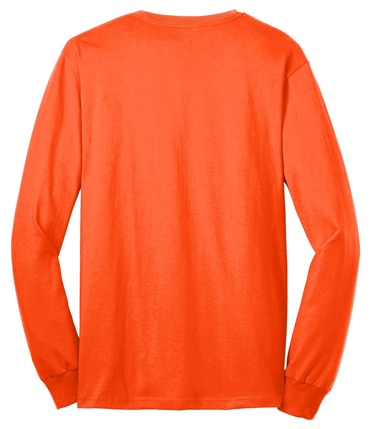 Port Company safety orange long sleeve T shirt comfortable soft and durable tee showing the back of the shirt against a white background