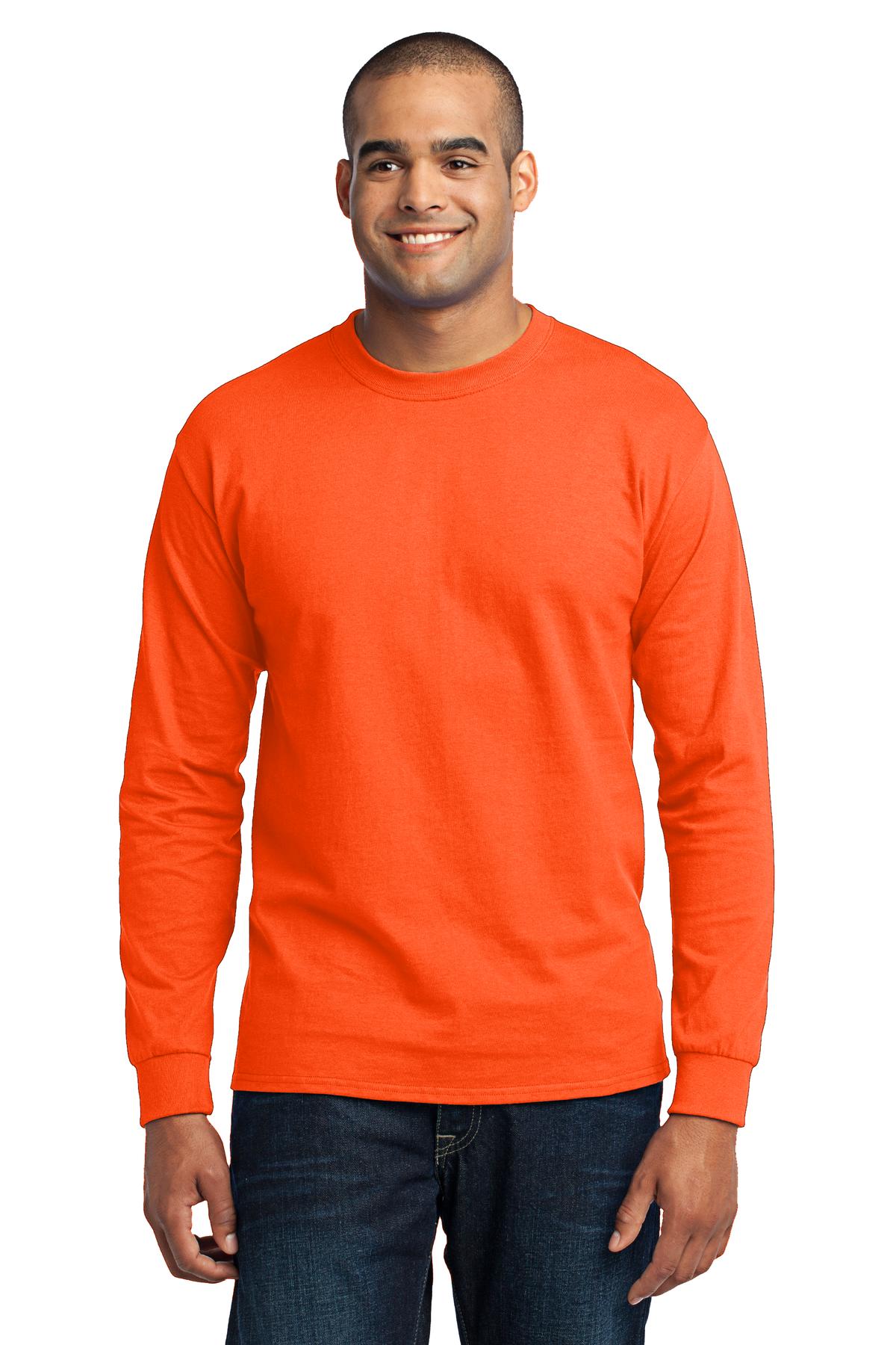 Tall male model 6'5 wearing a safety orange port company long sleeve t shirt comfortable soft and durable Tee against a white background