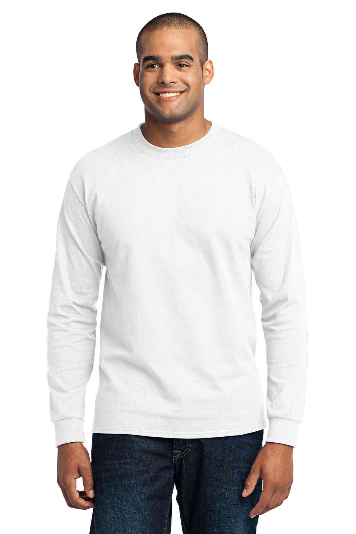 Tall male model 6'5 wearing a white port company long sleeve t shirt comfortable soft and durable Tee against a white background