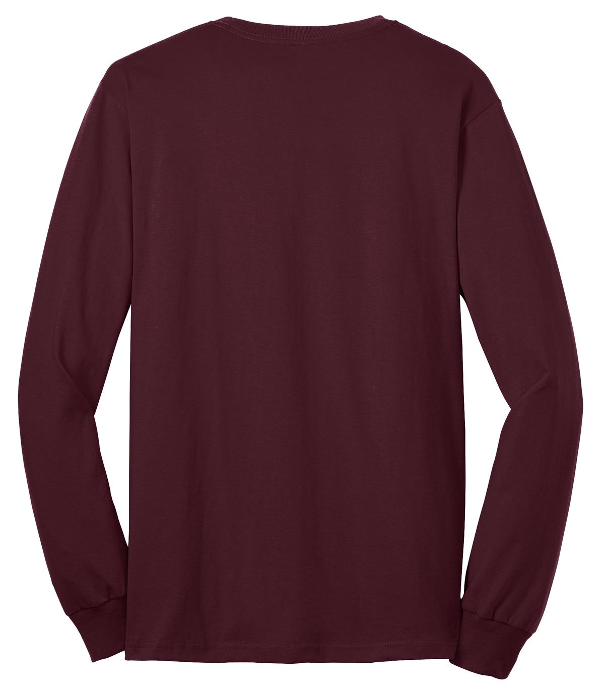 Port Company athletic maroon long sleeve T shirt comfortable soft and durable tee showing the back of the shirt against a white background