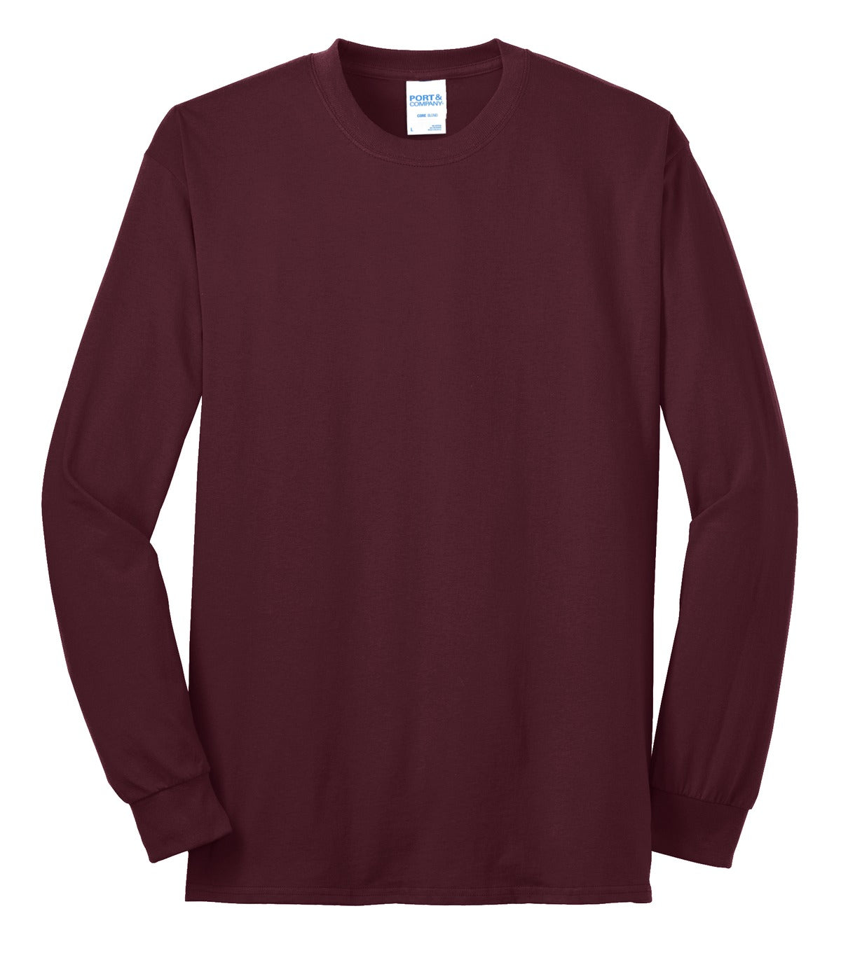 Port Company athletic maroon long sleeve T shirt comfortable soft and durable tee against a white background