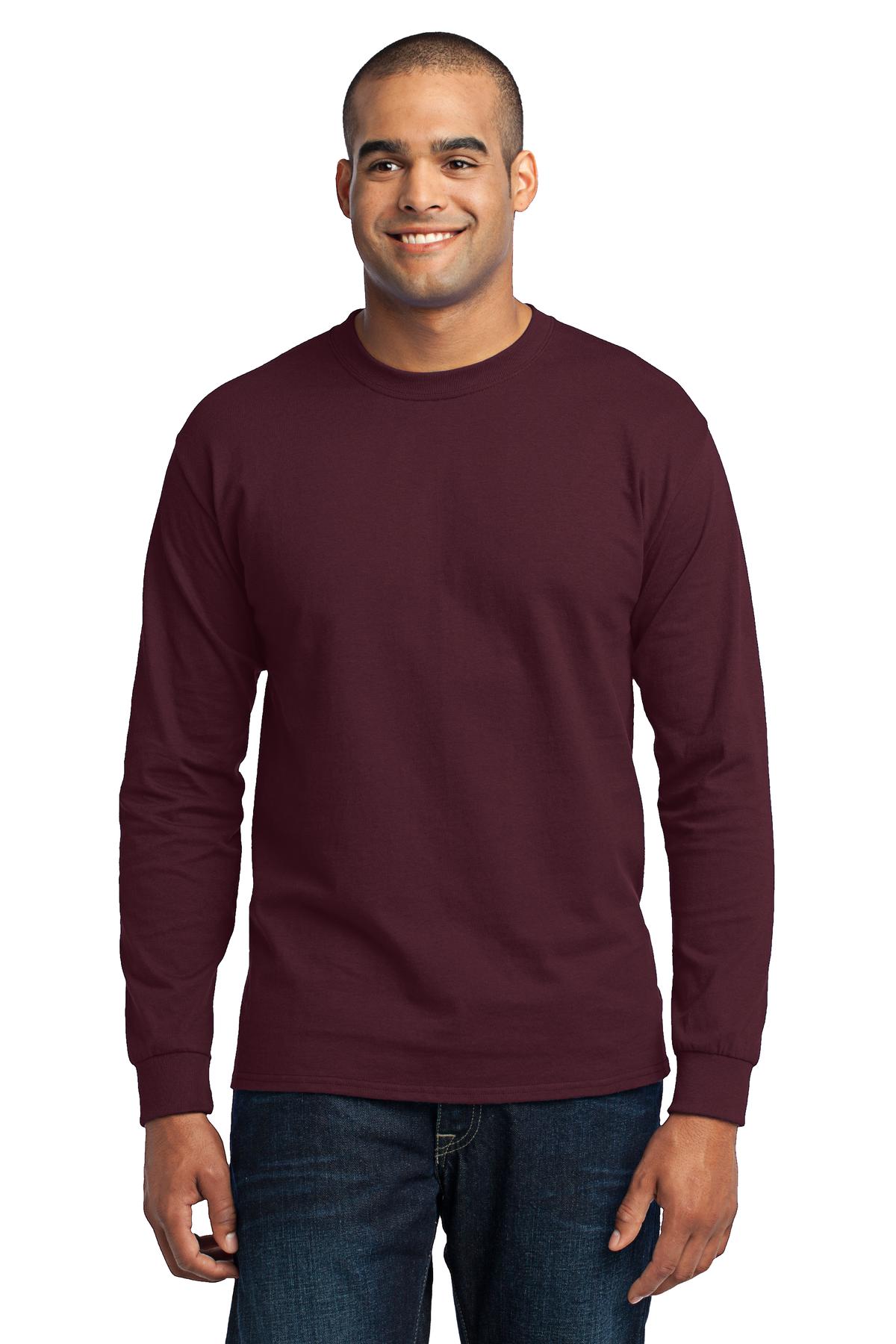 Tall male model 6'5 wearing an athletic maroon port company long sleeve t shirt comfortable soft and durable Tee against a white background