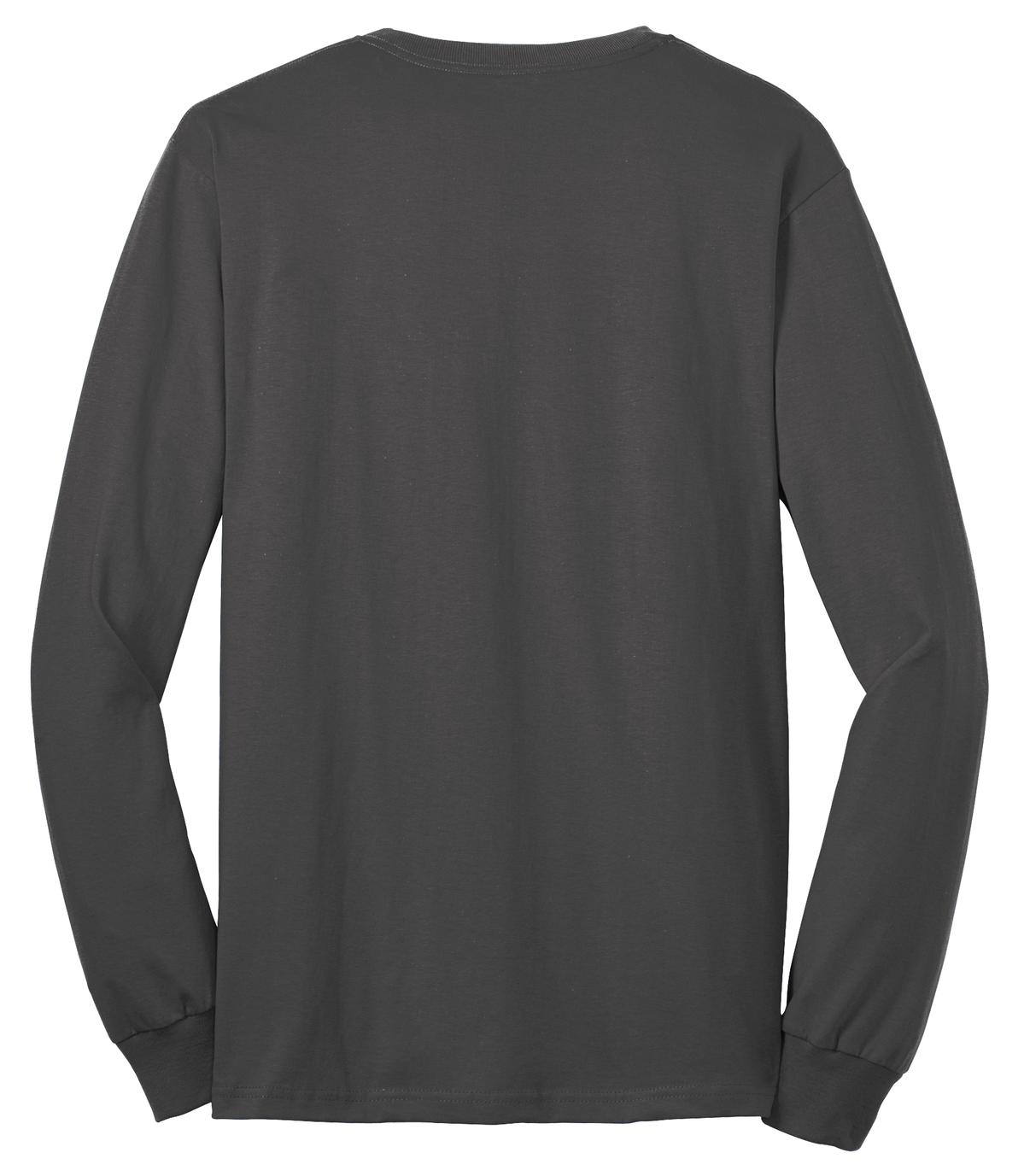 Port Company charcoal long sleeve T shirt comfortable soft and durable tee showing the back of the shirt against a white background