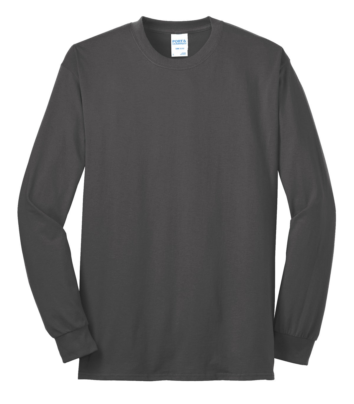 Port Company charcoal long sleeve T shirt comfortable soft and durable tee against a white background